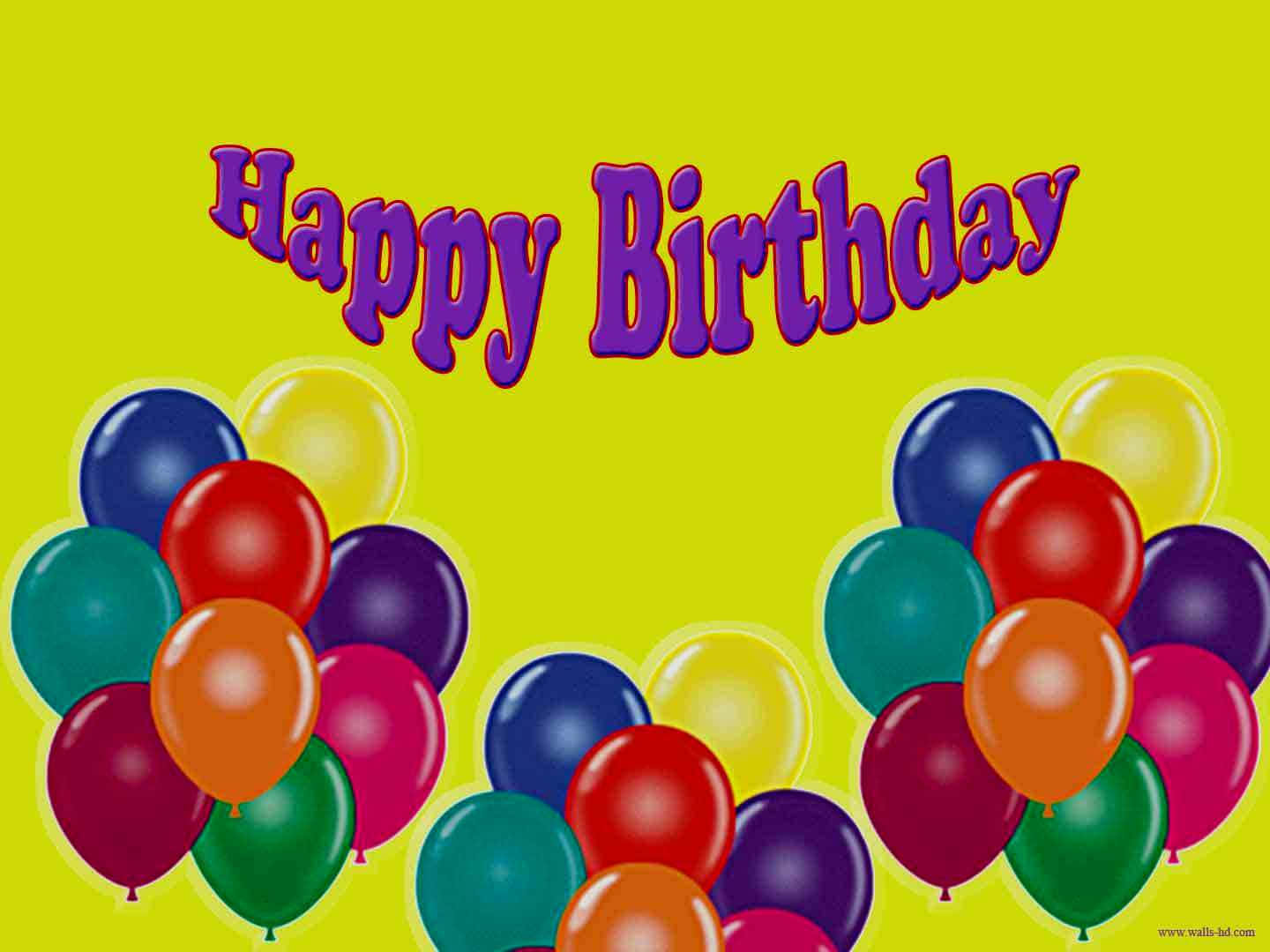 生日快樂 桌布 壁紙 — 鮮豔的紫色「Happy Birthday」文字漂浮在色彩繽紛的氣球簇上方，背景為明亮的黃色。