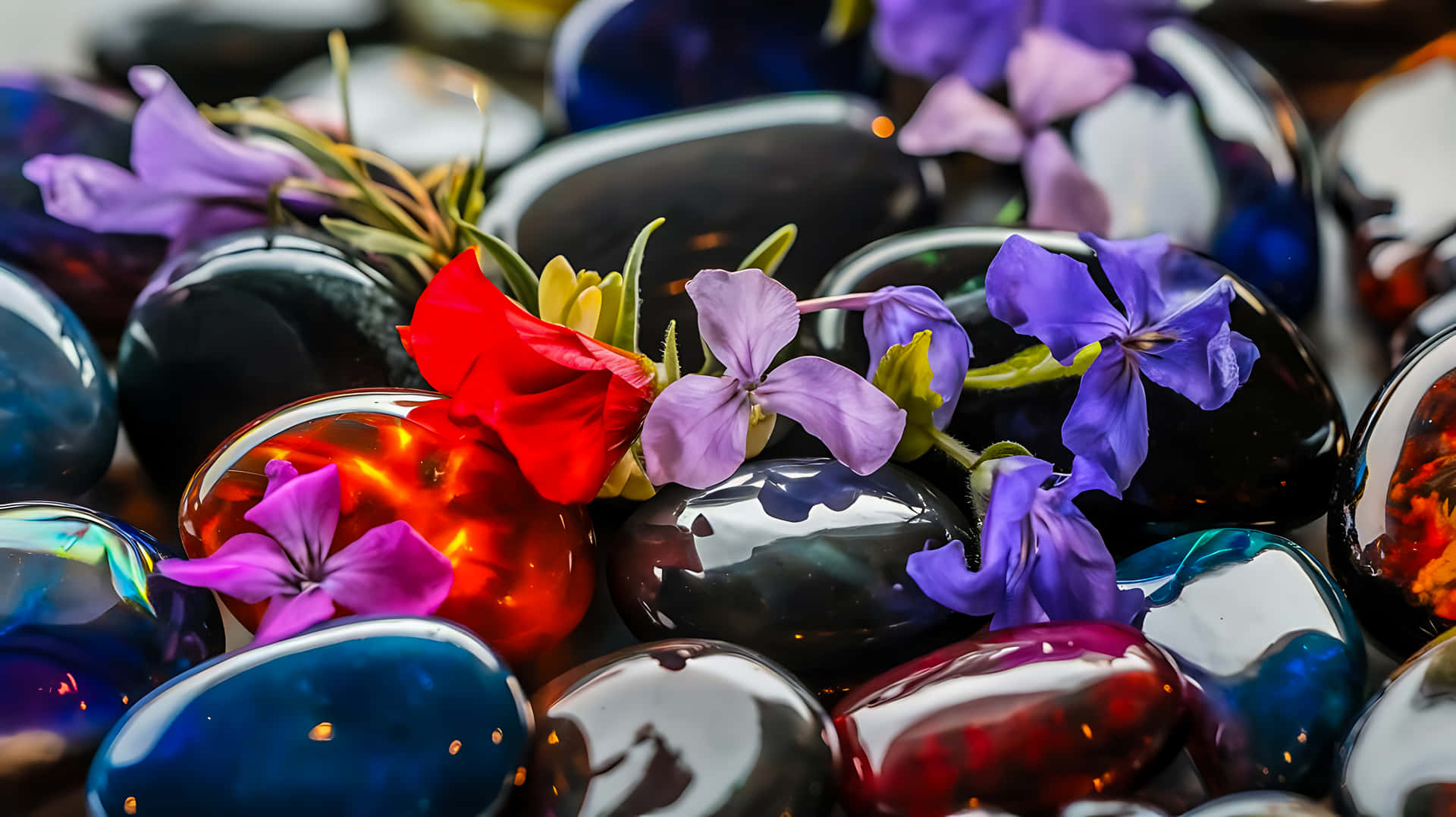 Polished stones with flowers on the surface close up 壁紙 — 鮮豔的紫色、紅色和藍色花朵，放置在閃亮的多色玻璃石上，構成特寫畫面。