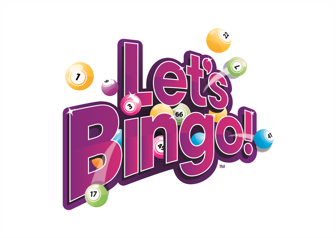 賓果 桌布 壁紙 — 鮮豔的紫色3D文字顯示「Let's Bingo」，周圍環繞著彩色編號的賓果球，背景為灰色。