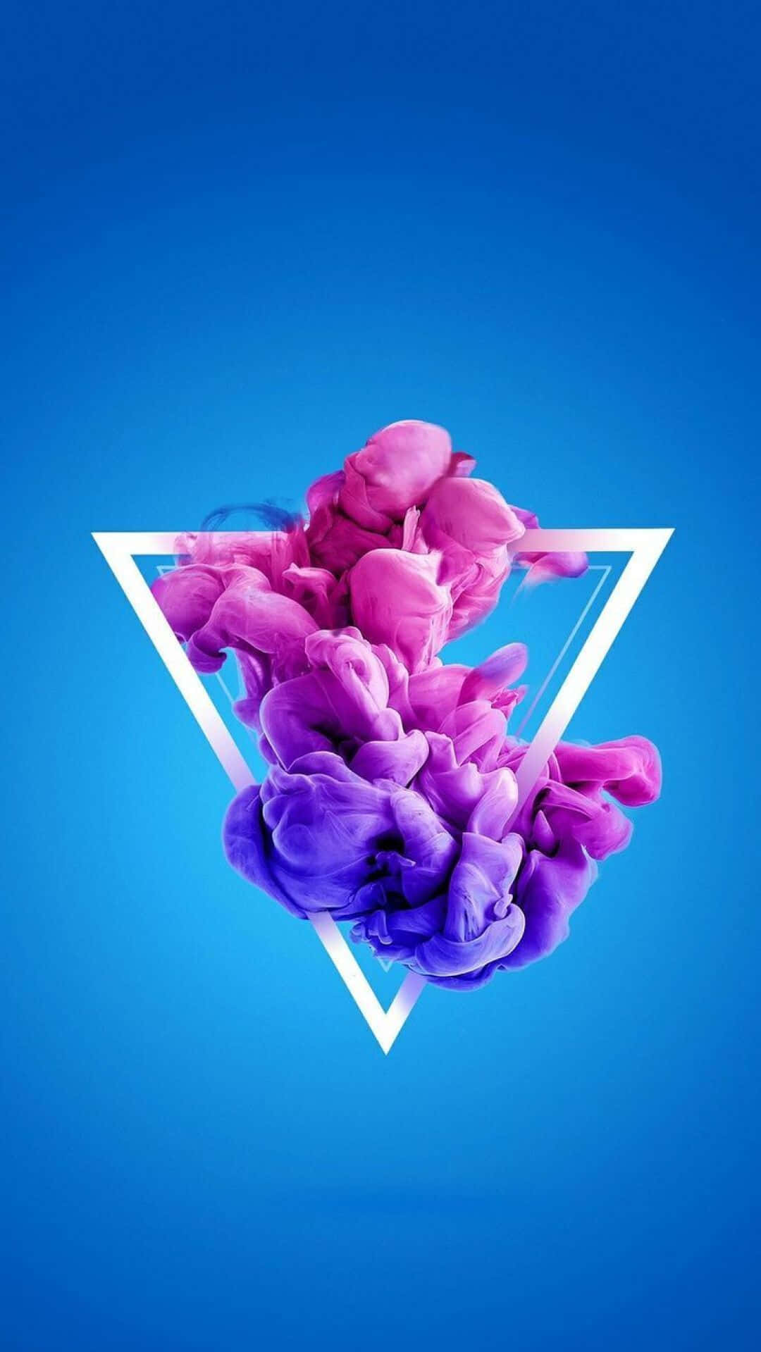 Vaporwave iPhone 桌布 壁紙 — 鮮豔的紫色和粉紅色墨水漩渦在發光的白色三角形內爆發，背景為深藍色漸變。
