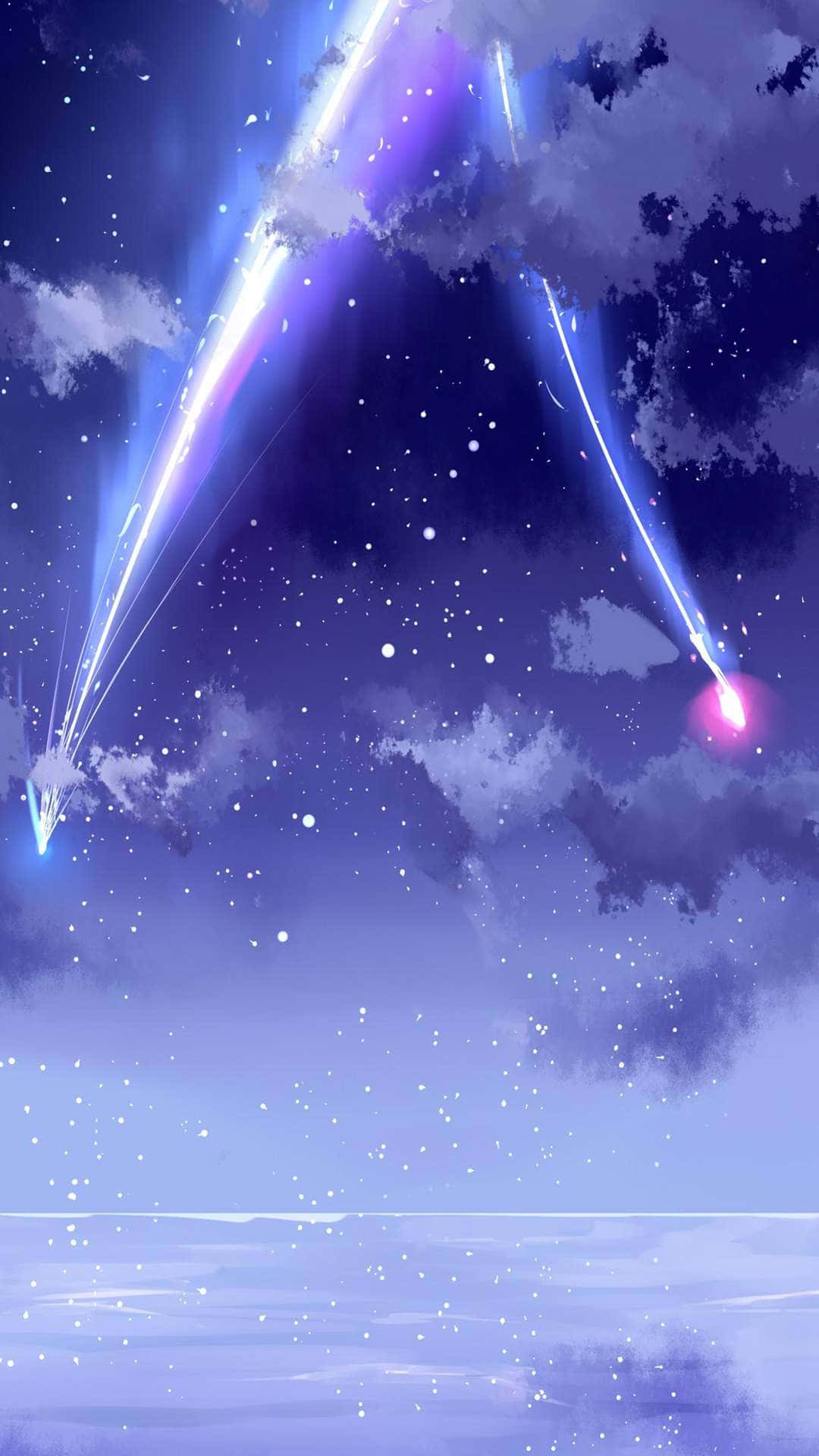 Purple Anime 桌布 壁紙 — 鮮豔的紫色和藍色流星劃過平靜海洋地平線之上的星空夜空。