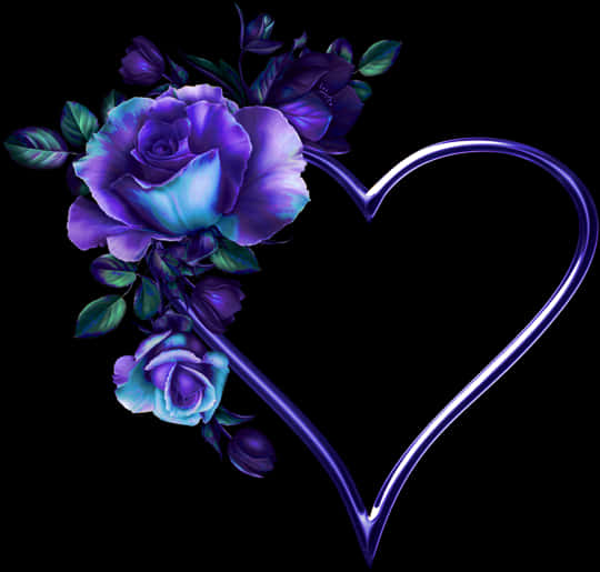 Heart Tattoo 桌布 壁紙 — 鮮豔的紫色和藍色玫瑰在漆黑的背景上，於發光的愛心形狀輪廓旁邊盛開。