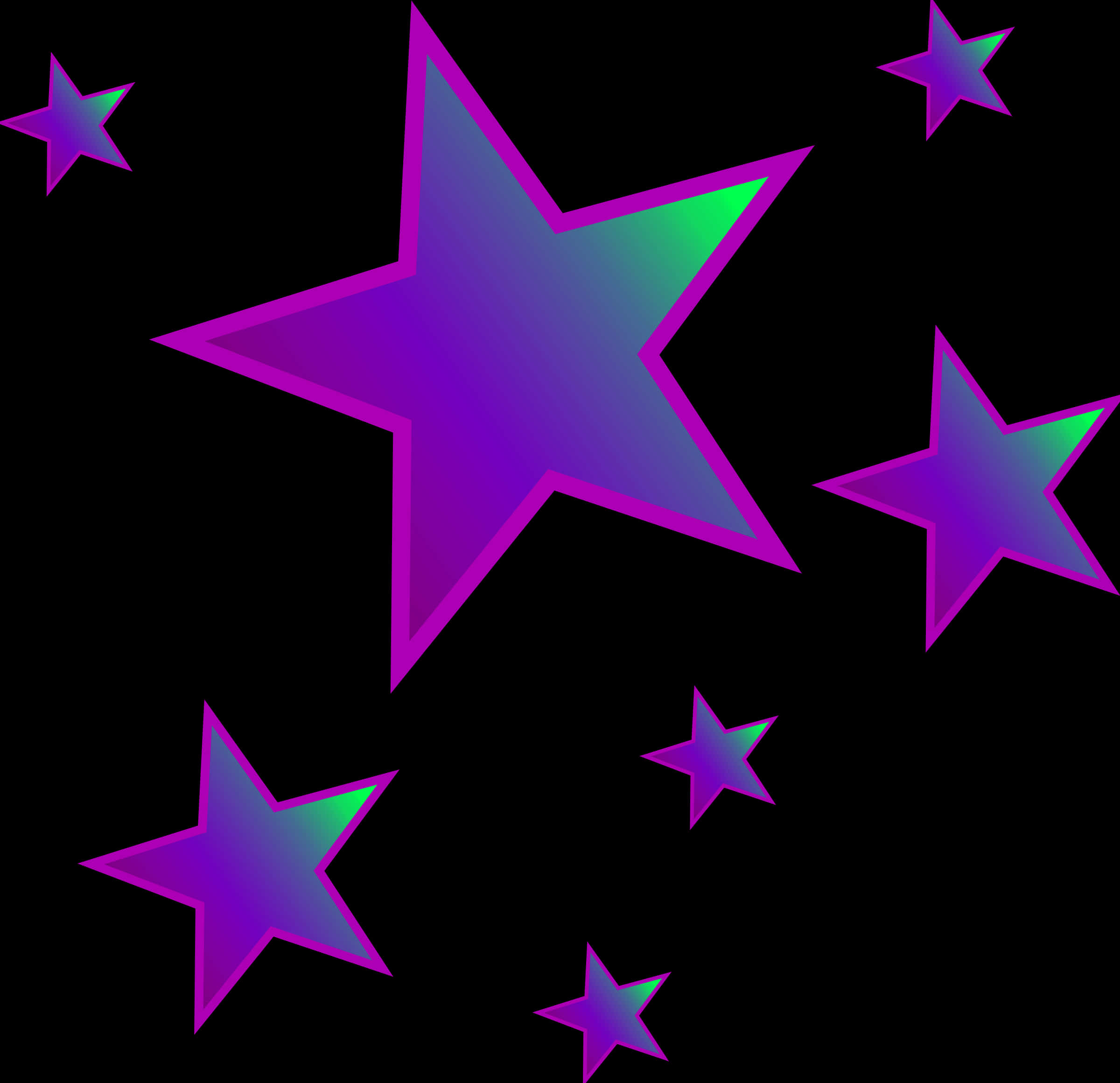 Purple Star 桌布 壁紙 — 鮮豔的紫色和青色漸變星星漂浮在純黑色背景上，形成數位插圖。