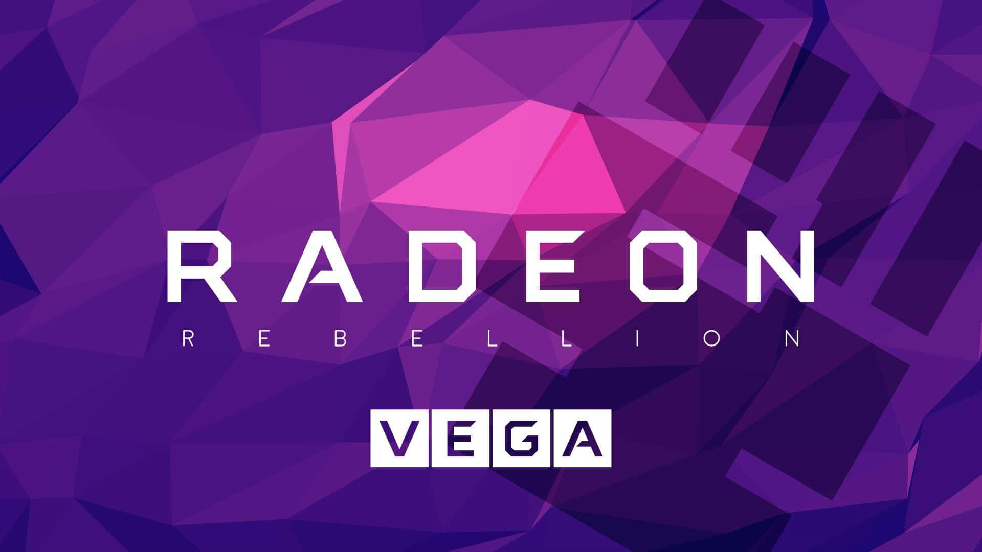 AMD 桌布 壁紙 — 鮮豔的紫色幾何多邊形背景上，粗體白色文字寫著 Radeon Rebellion Vega。