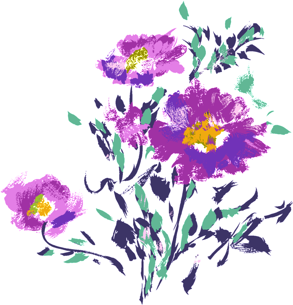 菊花 桌布 壁紙 — 鮮豔的紫色花朵，帶有黃色花心和青綠色葉子，在純黑色背景上以風格化的數位插圖綻放。
