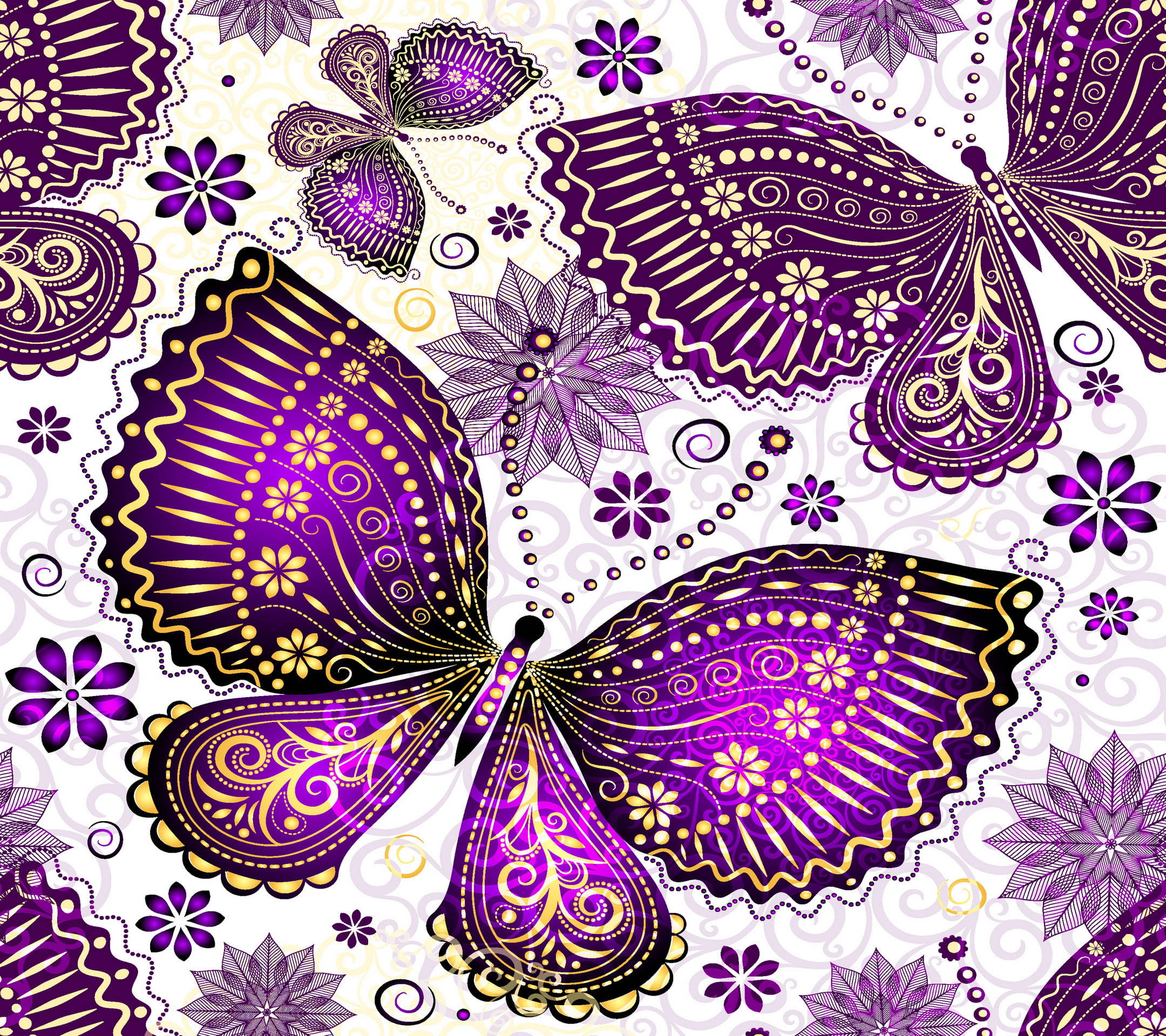 purple butterfly phone 桌布 壁紙 — 鮮豔的紫色蝴蝶，帶有金色鏤空翅膀，在奶油色背景上的花卉圖案間飛舞。