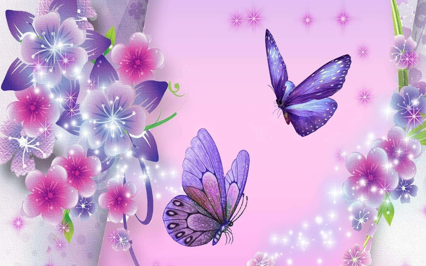 Butterfly Desktop 桌布 壁紙 — 鮮豔的紫色蝴蝶在柔和的粉彩粉紅色背景上，在發光的粉紅色和紫色花朵間翩翩起舞。