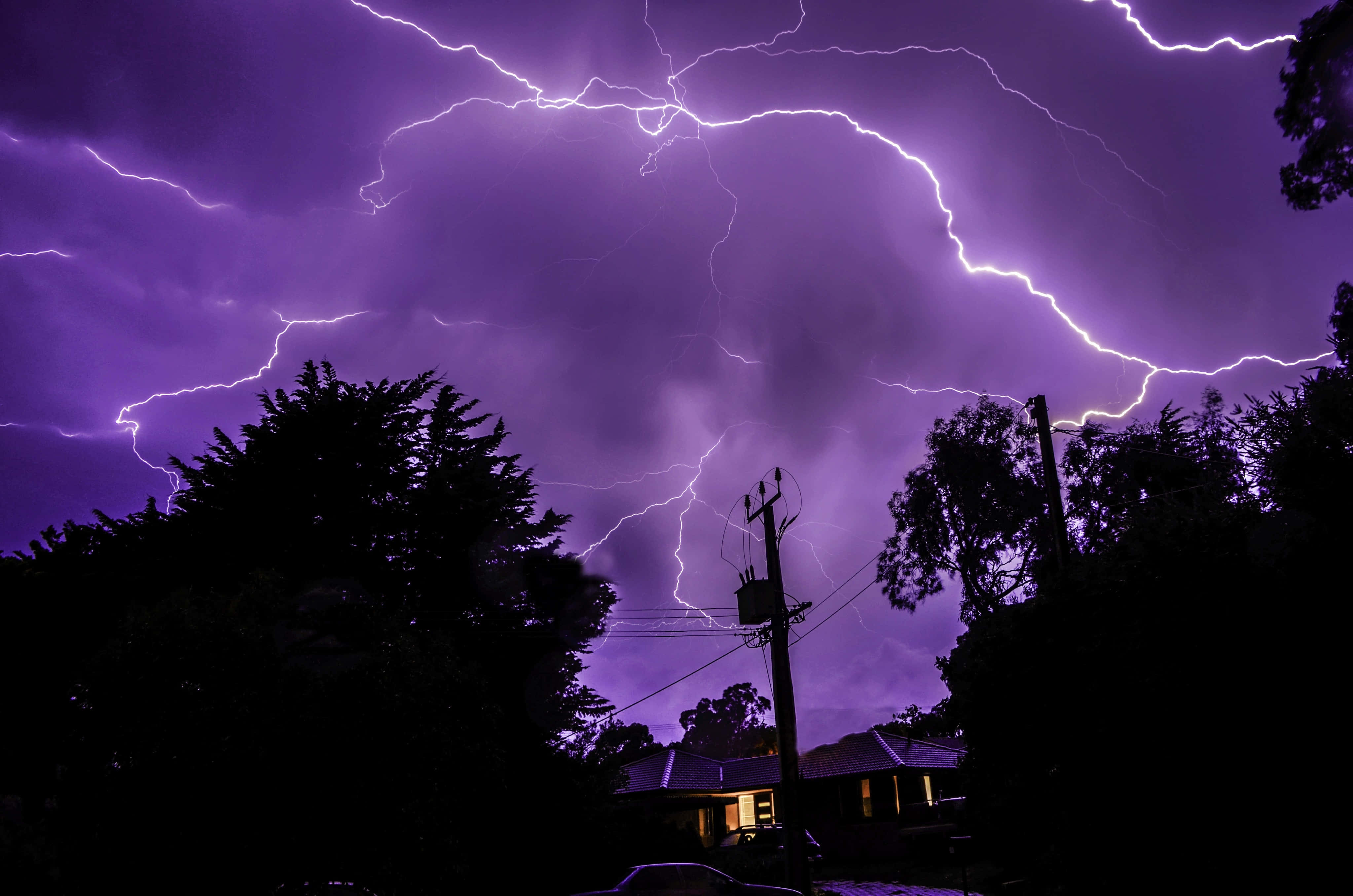 夜空 桌布 壁紙 — 鮮豔的紫色閃電在暴風雨的天空中分叉，映襯著夜晚的樹木和房屋剪影。