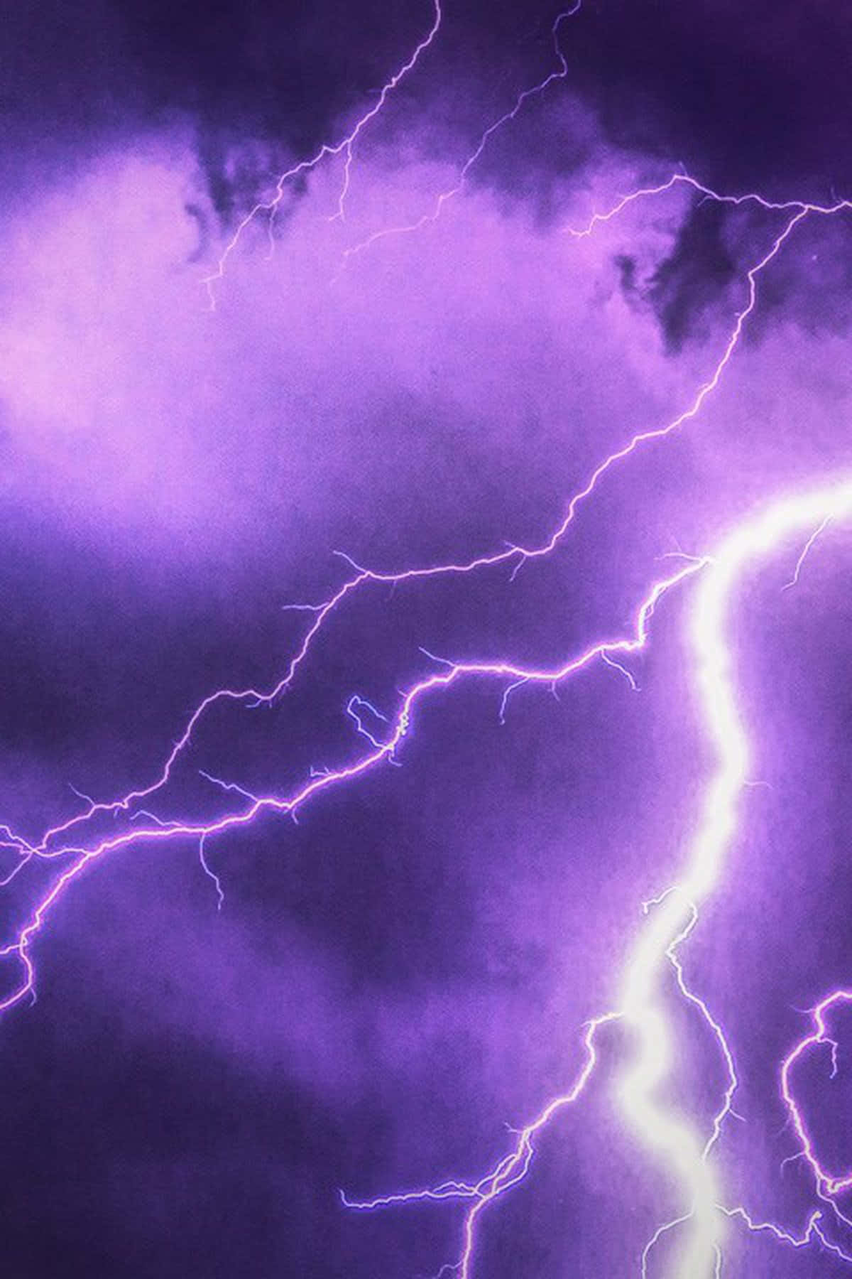 Purple Lightning 桌布 壁紙 — 鮮豔的紫色閃電在暴風雨的天空中叉開，形成戲劇性的自然景象。