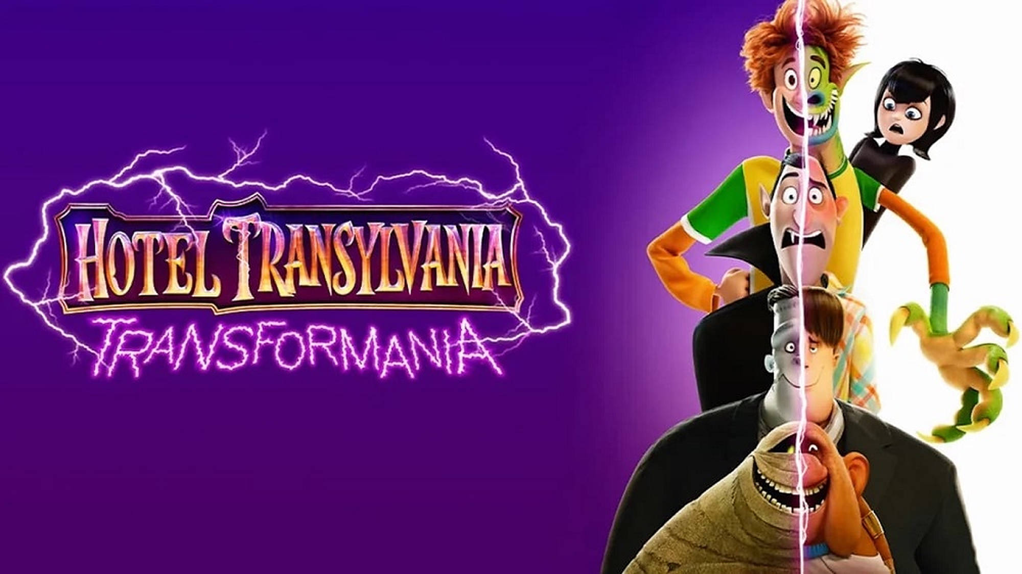 hotel transylvania transformania 桌布 壁紙 — 鮮豔的紫色閃電框住了《Hotel Transylvania Transformania》的標題，動畫怪物以分割畫面姿勢站立。
