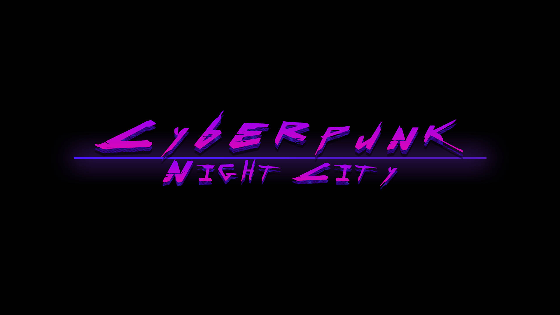 Cyberpunk Desktop 桌布 壁紙 — 鮮豔的紫色霓虹文字在漆黑背景上發光邊緣，顯示「Cyberpunk Night City」。