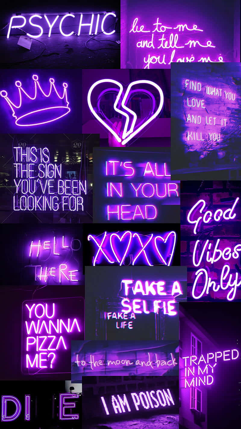 Aesthetic Purple 桌布 壁紙 — 鮮豔的紫色霓虹燈牌，上面有 psychic 和 good vibes only 等短語，在黑暗的城市牆壁上發光。