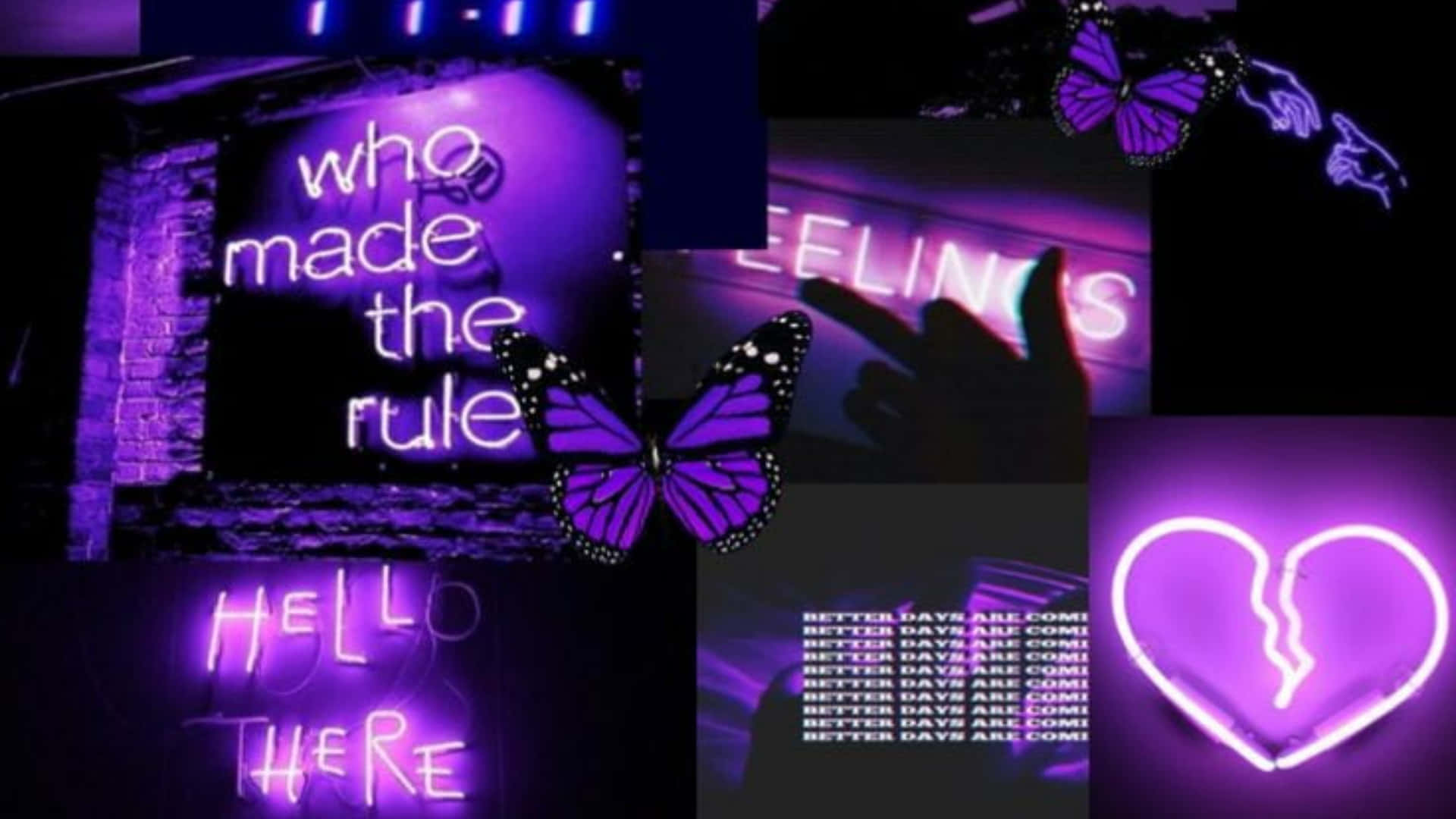 Purple Aesthetic Tumblr 桌布 壁紙 — 鮮豔的紫色霓虹燈牌和蝴蝶在黑暗牆壁上發光，構成充滿氛圍的城市拼貼畫。