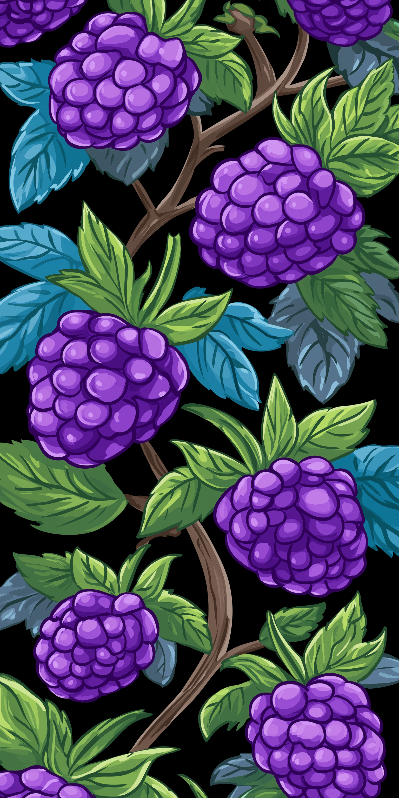 Fruit 桌布 壁紙 — 鮮豔的紫色黑莓與綠色葉子在棕色樹枝上生長，背景為純黑色。