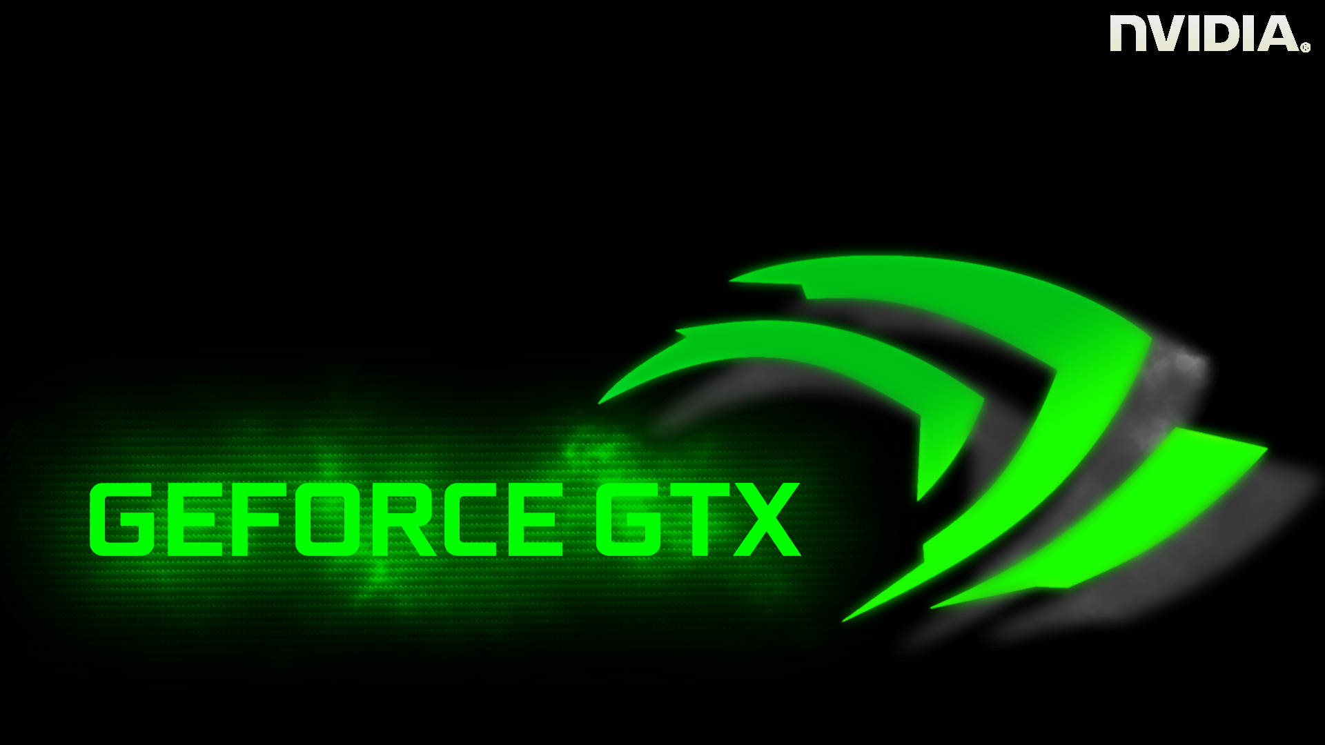 nvidia 桌布 壁紙 — 鮮豔的綠色Nvidia GeForce GTX標誌在黑色背景上發光，帶有微妙的數位粒子效果。