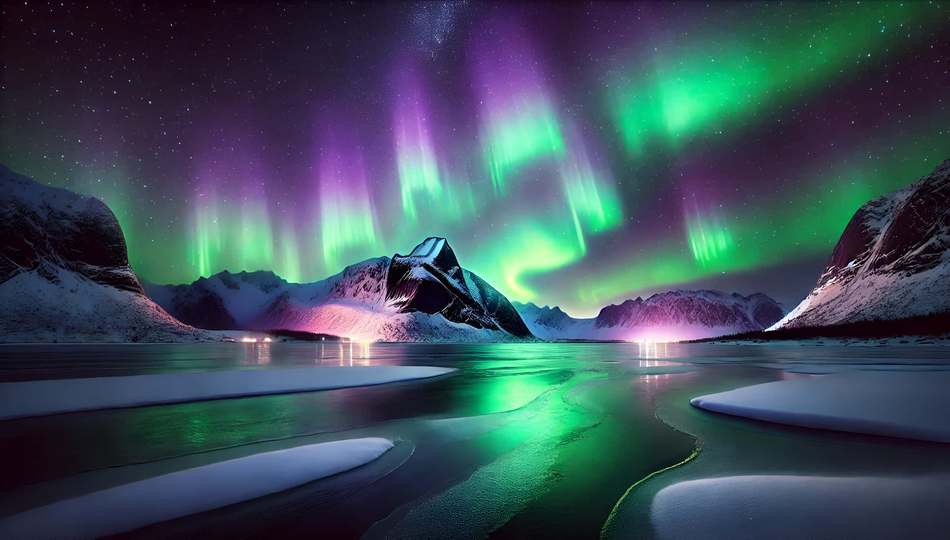 a stunning aurora borealis over a snowy mountain 壁紙 — 鮮豔的綠色和紫色極光在星空下，在冰封河流中倒映的雪山上方舞動。
