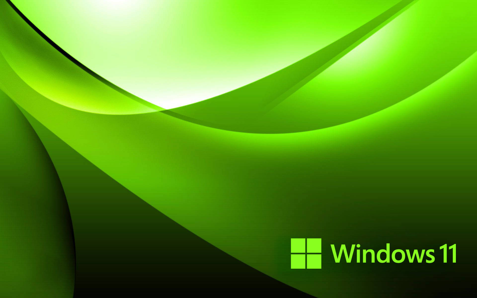 Windows 11 桌布 壁紙 — 鮮豔的綠色抽象波浪在深色漸變背景上流動，右下角有 Windows 11 標誌。