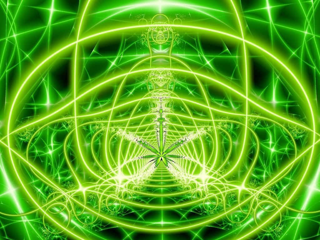 Weed Leaf 桌布 壁紙 — 鮮豔的綠色碎形圖案從對稱數位隧道中央發光的星爆向外輻射。
