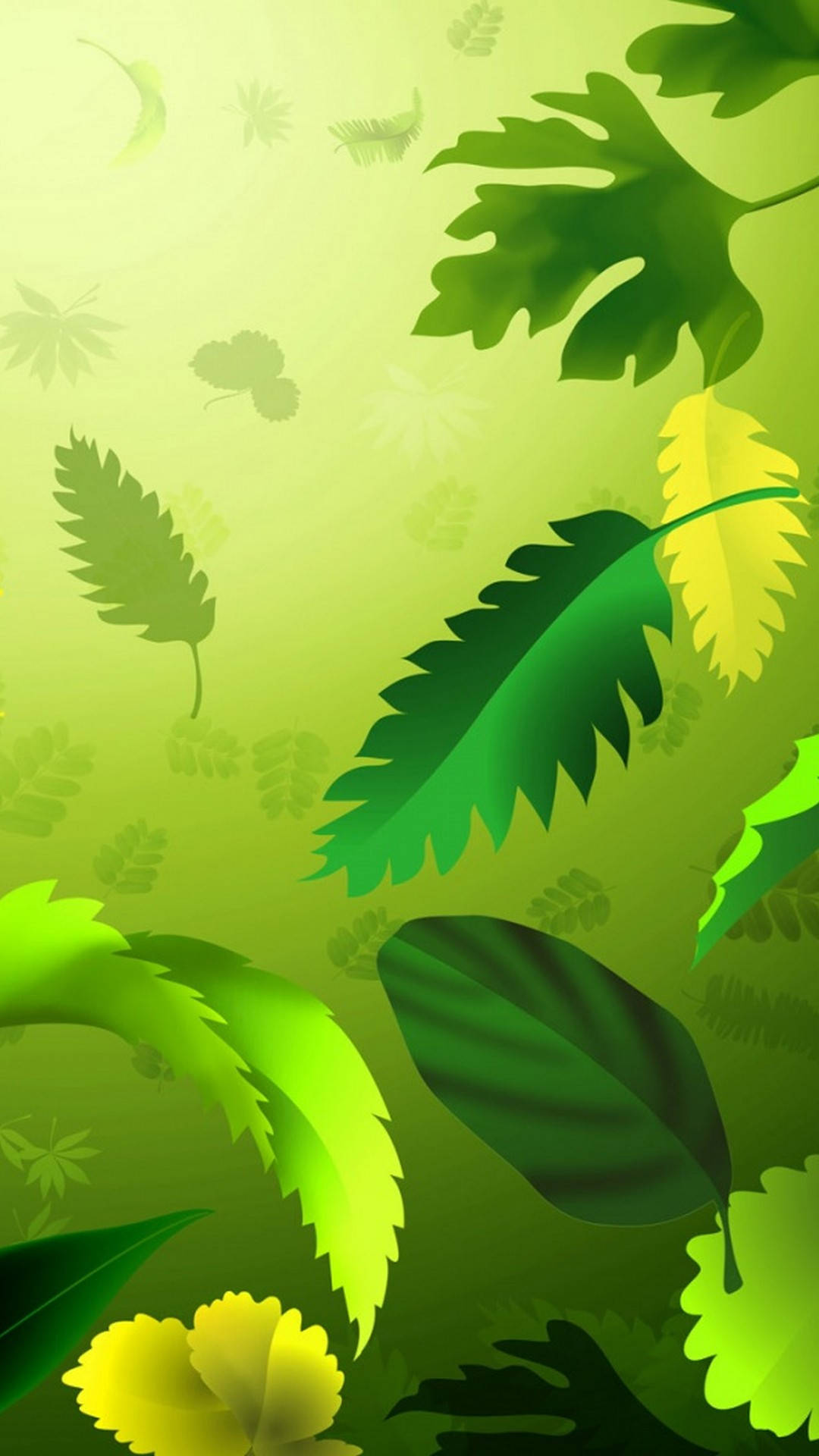 Leaves 桌布 壁紙 — 鮮豔的綠色葉子和黃色花朵在柔和的漸變背景上優雅地漂浮。