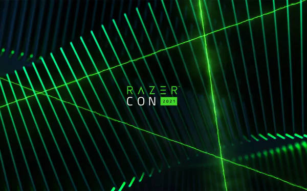 綠色雷射網格圖案，中央有 Razer Con 2021 文字。 — 4K 壁紙