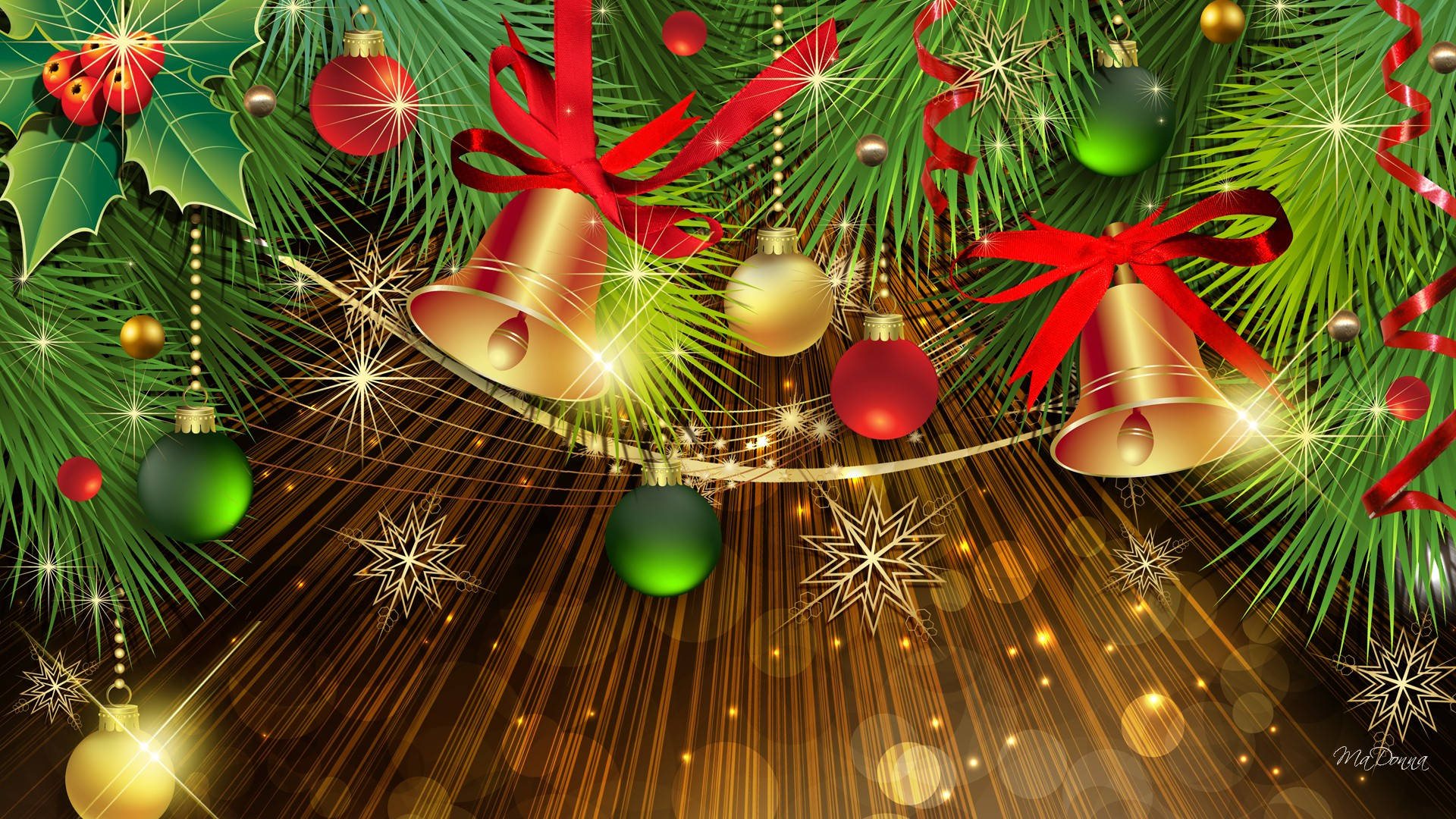 Christmas Bell 桌布 壁紙 — 鮮豔的聖誕裝飾，紅色鈴鐺、綠色冬青和金色飾品在閃爍的金色背景上閃耀。