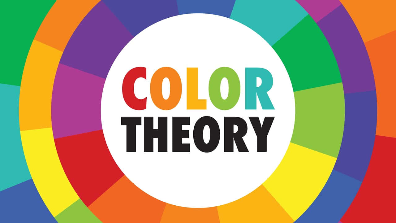 Color Palette 桌布 壁紙 — 鮮豔的色輪圖形，帶有「COLOR THEORY」文字，以多色字母居中在白色圓圈上。