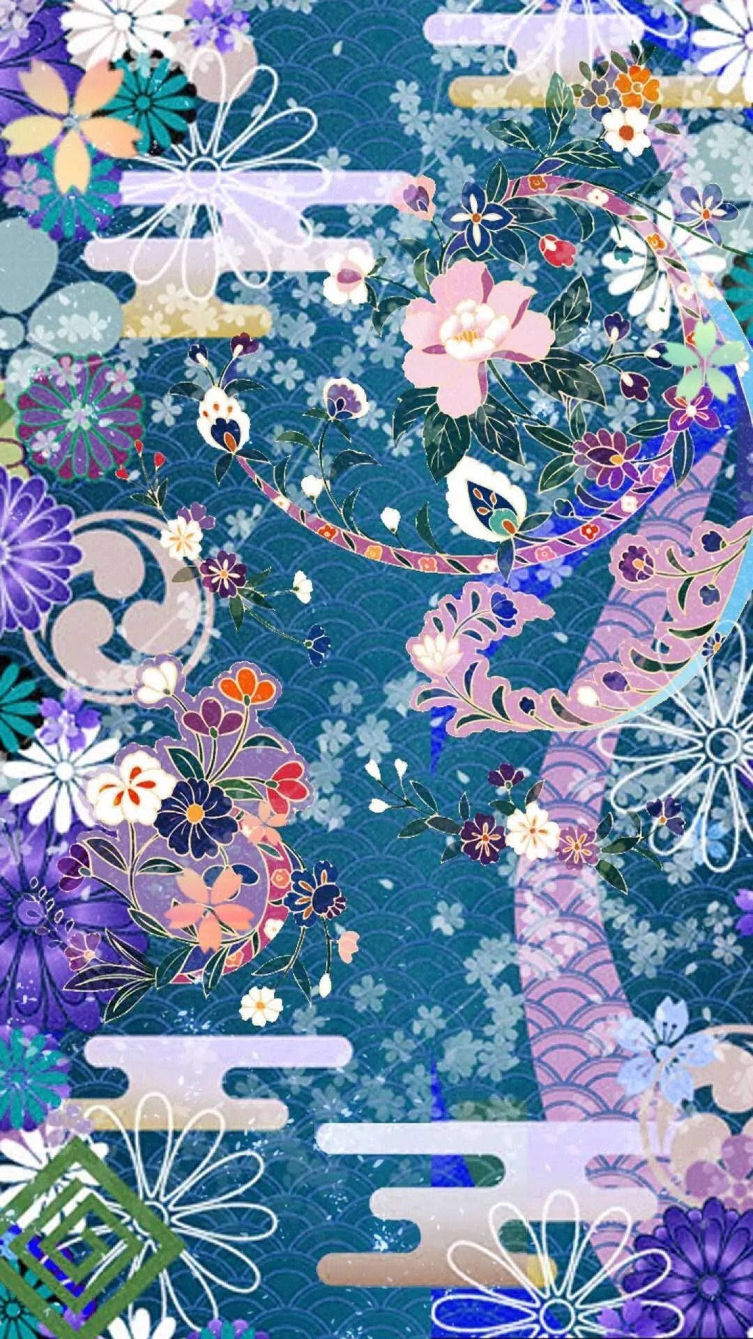 圖案 桌布 壁紙 — 鮮豔的花卉圖案在深藍色波浪背景上旋轉，構成細節豐富的日式插畫。
