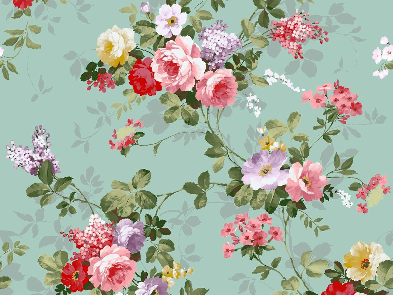Flowers 桌布 壁紙 — 鮮豔的花束，玫瑰和丁香花在柔和的薄荷綠背景上綻放。
