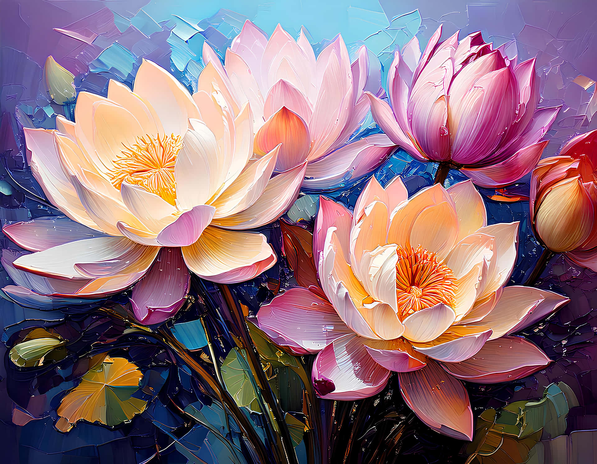 Lotus 壁紙 — 鮮豔的蓮花在柔和的粉紅色和黃色中綻放，背景是帶有紋理的藍色和紫色水面。