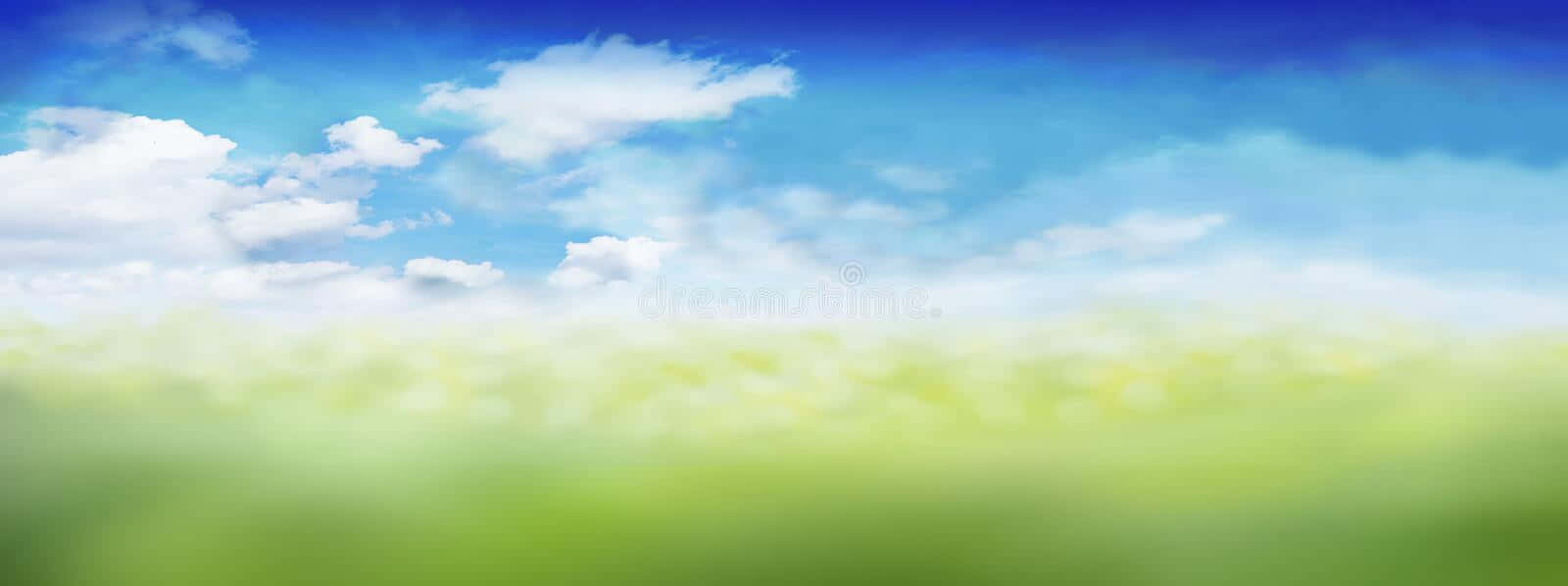 Blur 桌布 壁紙 — 鮮豔的藍天中飄浮著蓬鬆的白雲，下方是柔和模糊的綠色草地，在明亮的日光下。