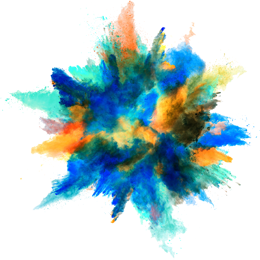 Background Color 桌布 壁紙 — 鮮豔的藍色、藍綠色、橙色和黃色粉末爆炸，在純黑背景上向外輻射。