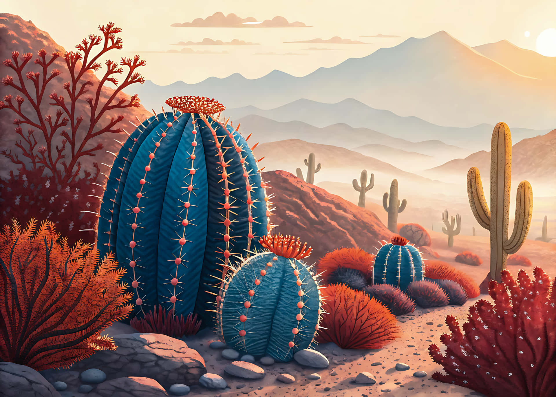 Vibrant cacti in a stylized desert landscape art 壁紙 — 鮮豔的藍色仙人掌帶有粉紅色刺，矗立在火紅的沙漠植物中，柔和的金色夕陽下。