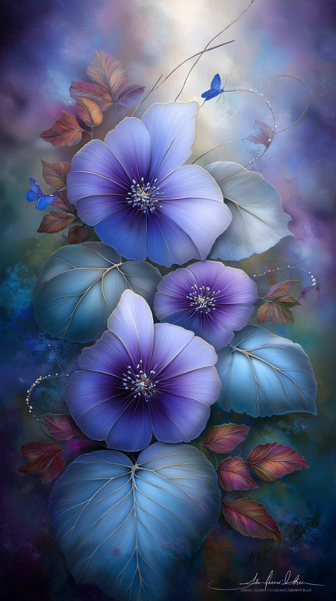 Lush Fantasy Flora with Butterflies and Rich Textures 壁紙 — 鮮豔的藍色和紫色花朵，帶有精緻的白色中心，在旋轉的宇宙雲和翩翩起舞的蝴蝶中盛開。
