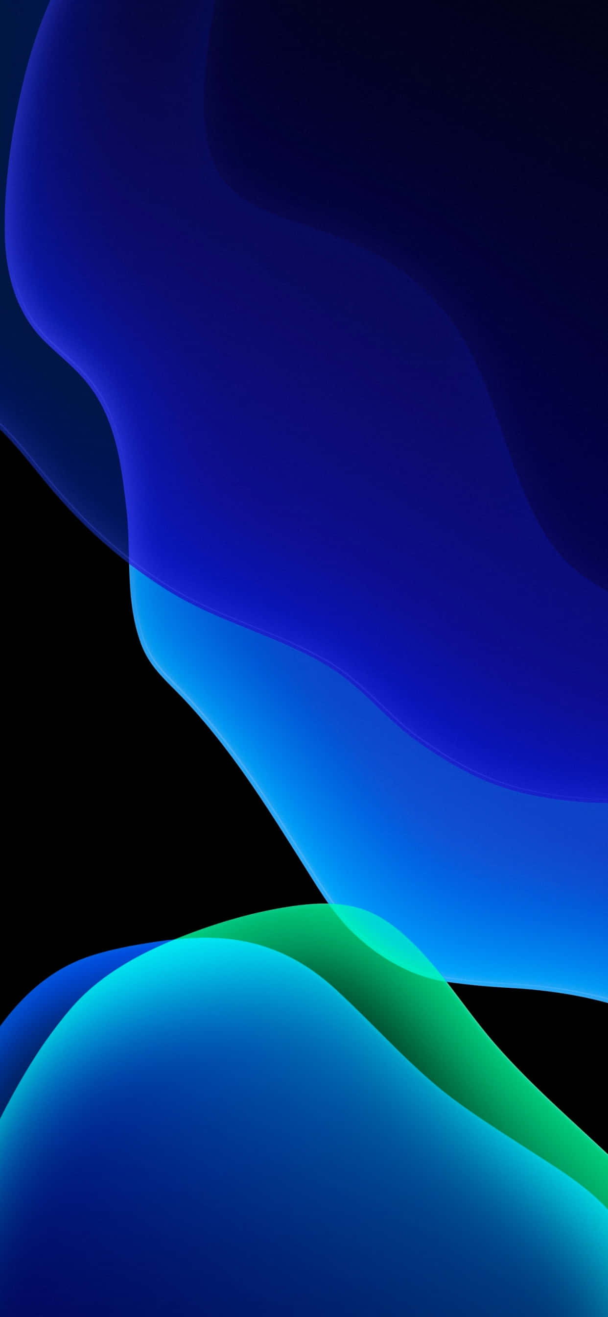 Pixel 3 Amoled 桌布 壁紙 — 鮮豔的藍色和綠色流體波浪在深黑色背景上流動，呈現流暢的抽象數位設計。