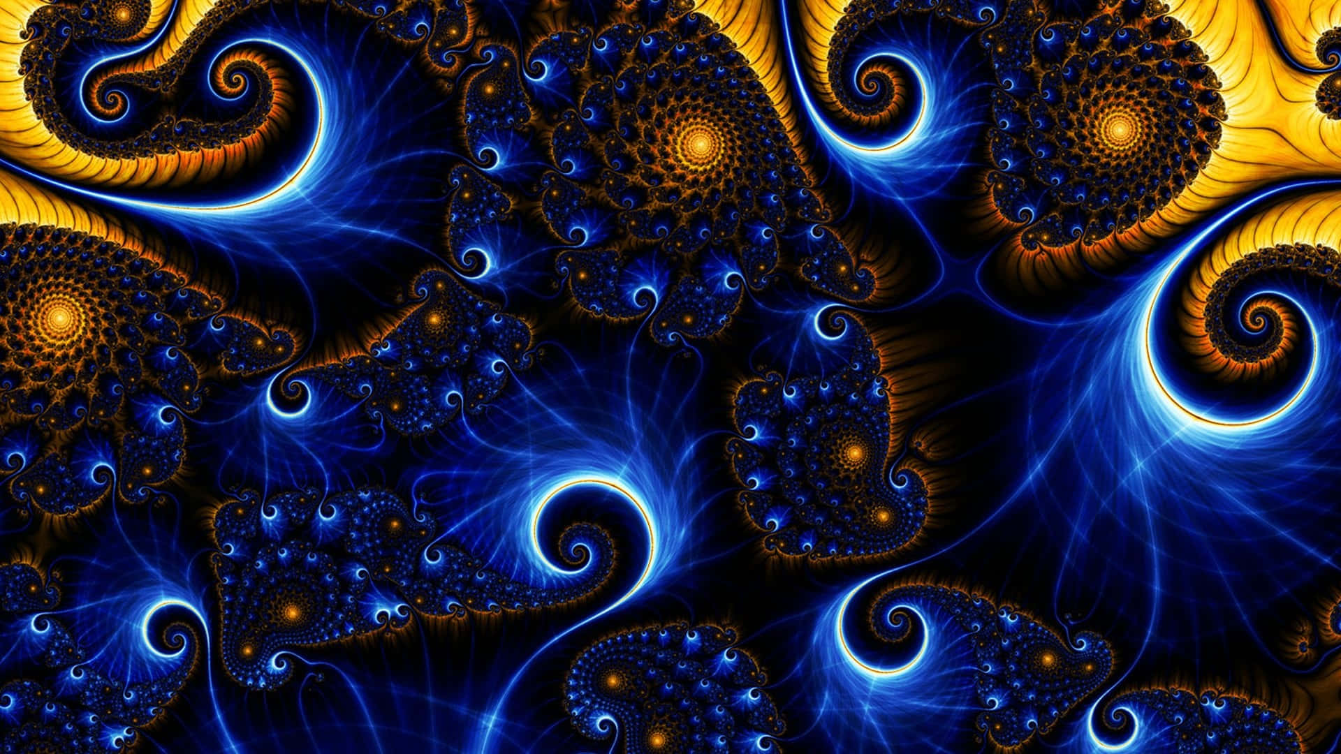 Psychedelic 3d Art 桌布 壁紙 — 鮮豔的藍色和金色碎形螺旋在黑暗背景上以複雜的圖案旋轉。