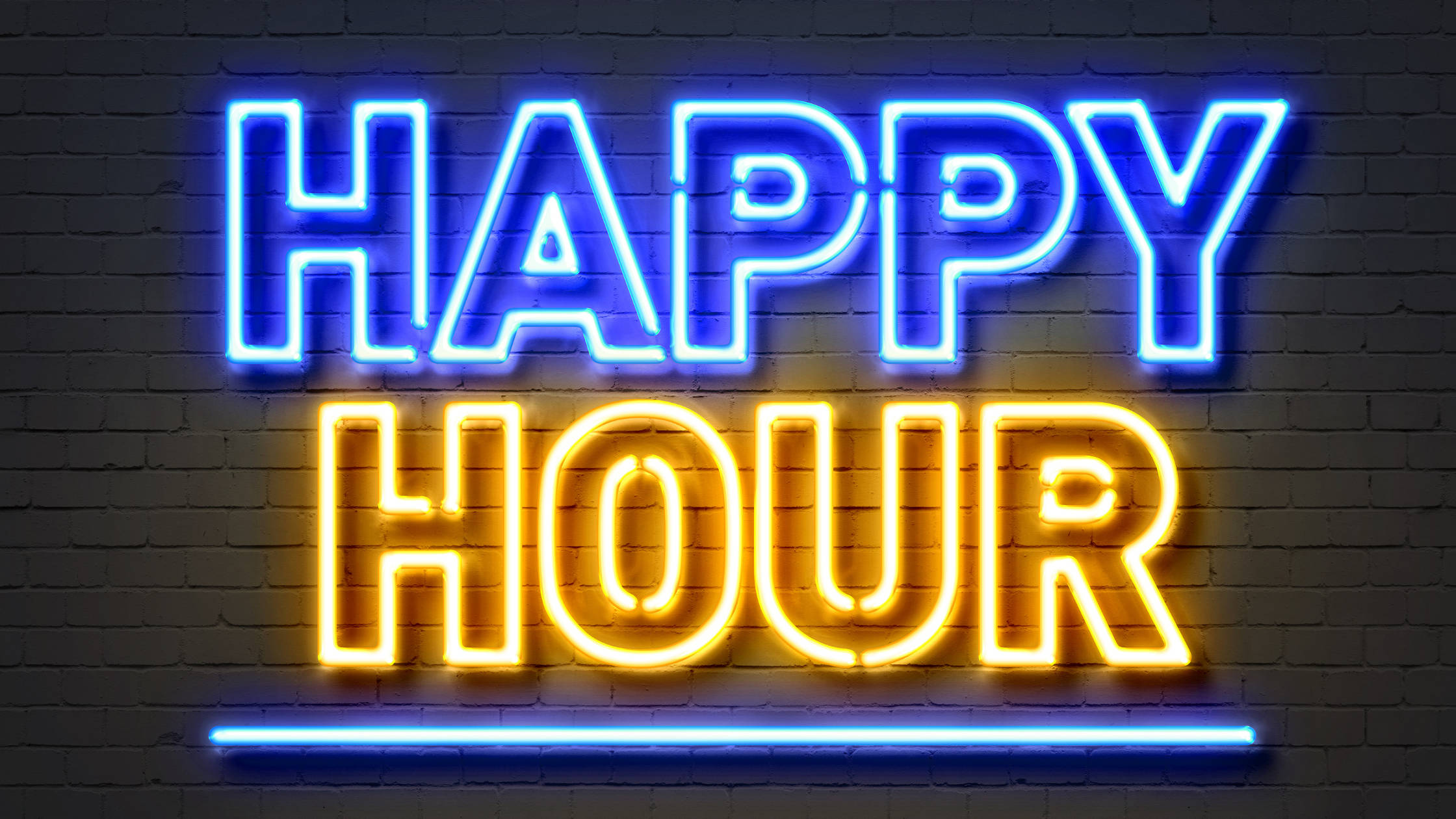 Hour 桌布 壁紙 — 鮮豔的藍色和黃色霓虹燈牌寫著「HAPPY HOUR」，在深色磚牆上發光。