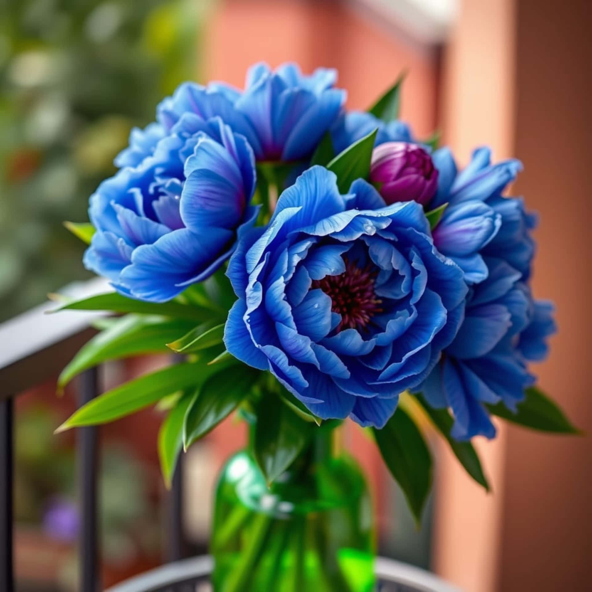 Blue peonies in a green glass vase, bokeh balcony background. 壁紙 — 鮮豔的藍色牡丹和一朵紫色花蕾在綠色玻璃花瓶裡盛開，花瓶放在陽台欄杆上。