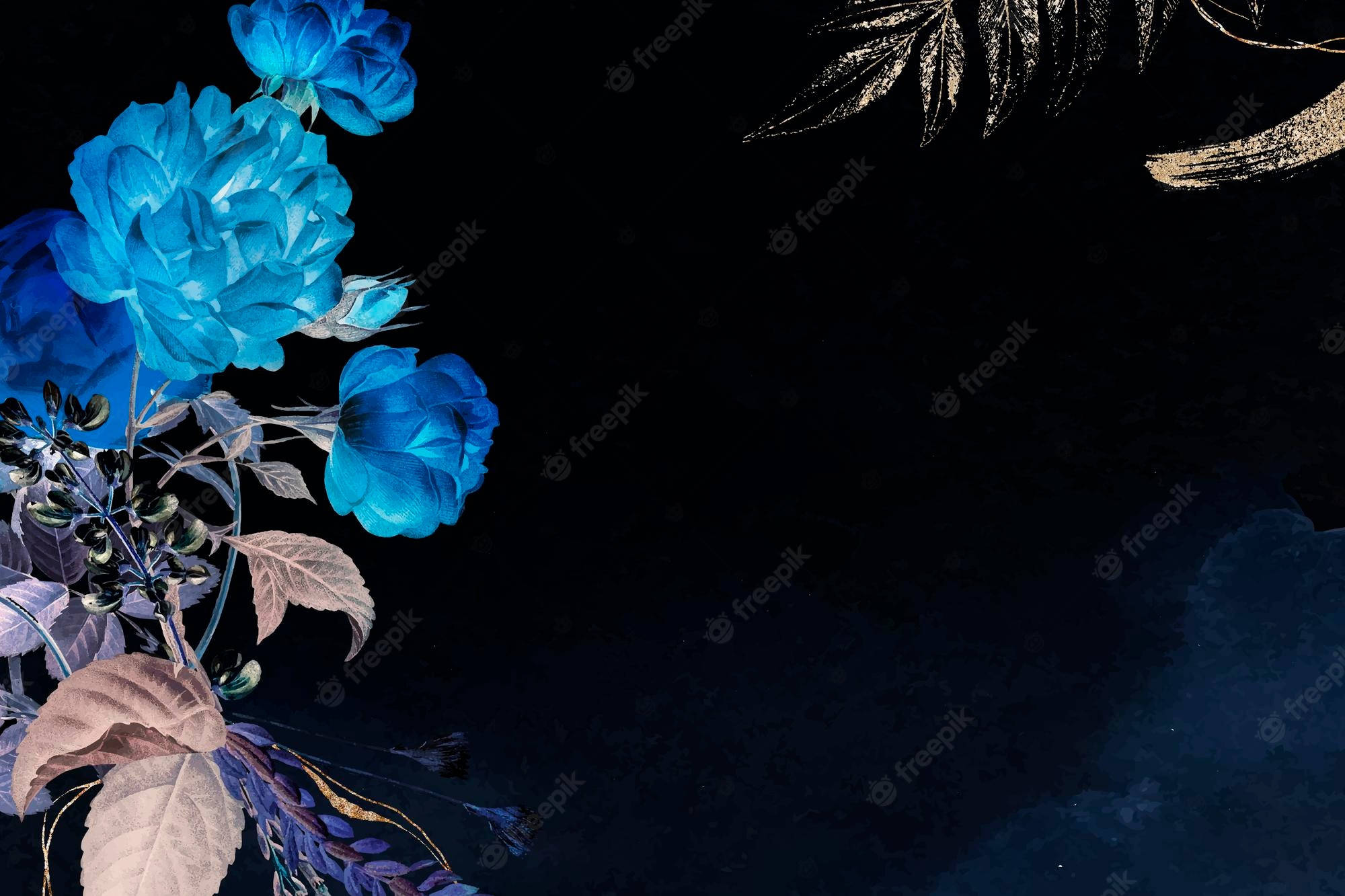 Roses Desktop 桌布 壁紙 — 鮮豔的藍色玫瑰和金屬金色葉子優雅地框住帶有柔和漸變色調的深色紋理背景。
