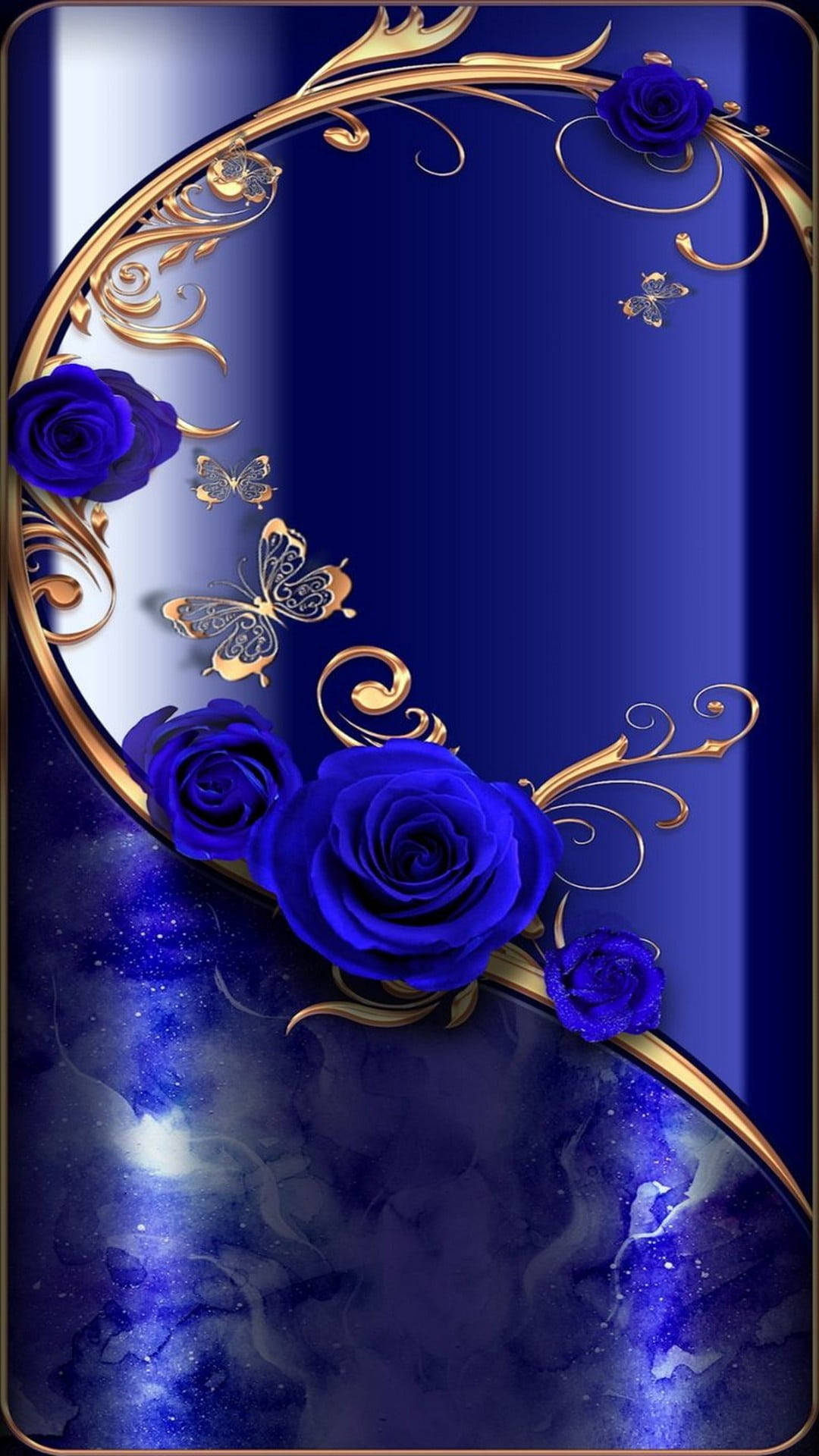 Roses 桌布 壁紙 — 鮮豔的藍色玫瑰和金色蝴蝶點綴著一個華麗的漩渦，背景是深藍色的宇宙漸變。