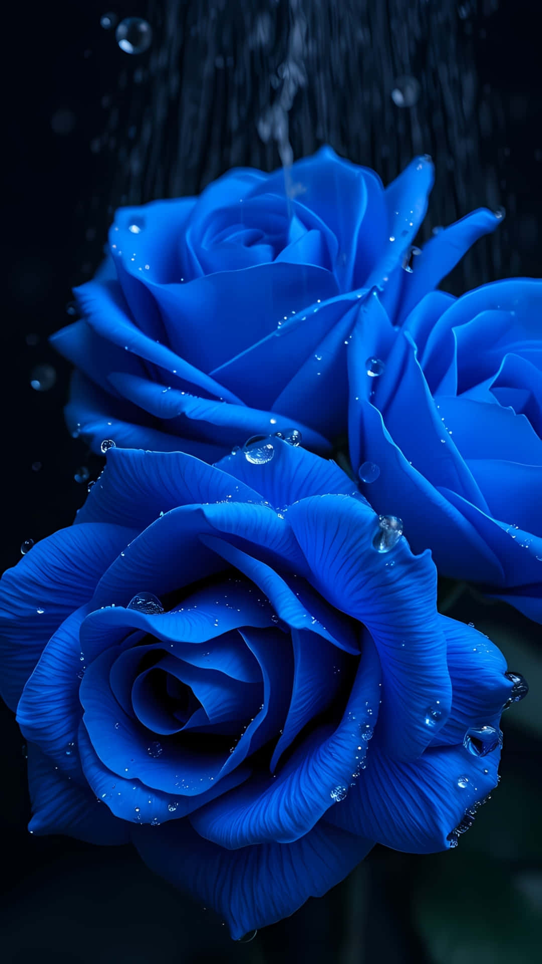 Blue Roses in Rain – Ultra HD Floral Wallpaper 壁紙 — 鮮豔的藍色玫瑰在黑暗背景中閃爍著水滴，伴隨著落雨。