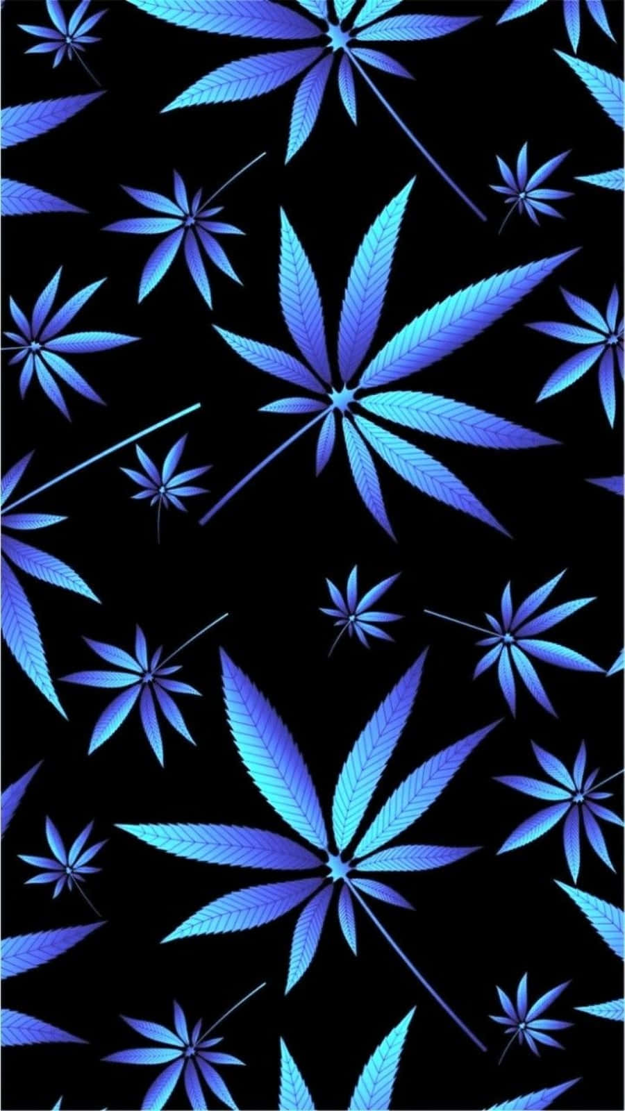 桌布 壁紙 — 鮮豔的藍色發光大麻葉片散落在 stark 黑色背景上，形成重複圖案。