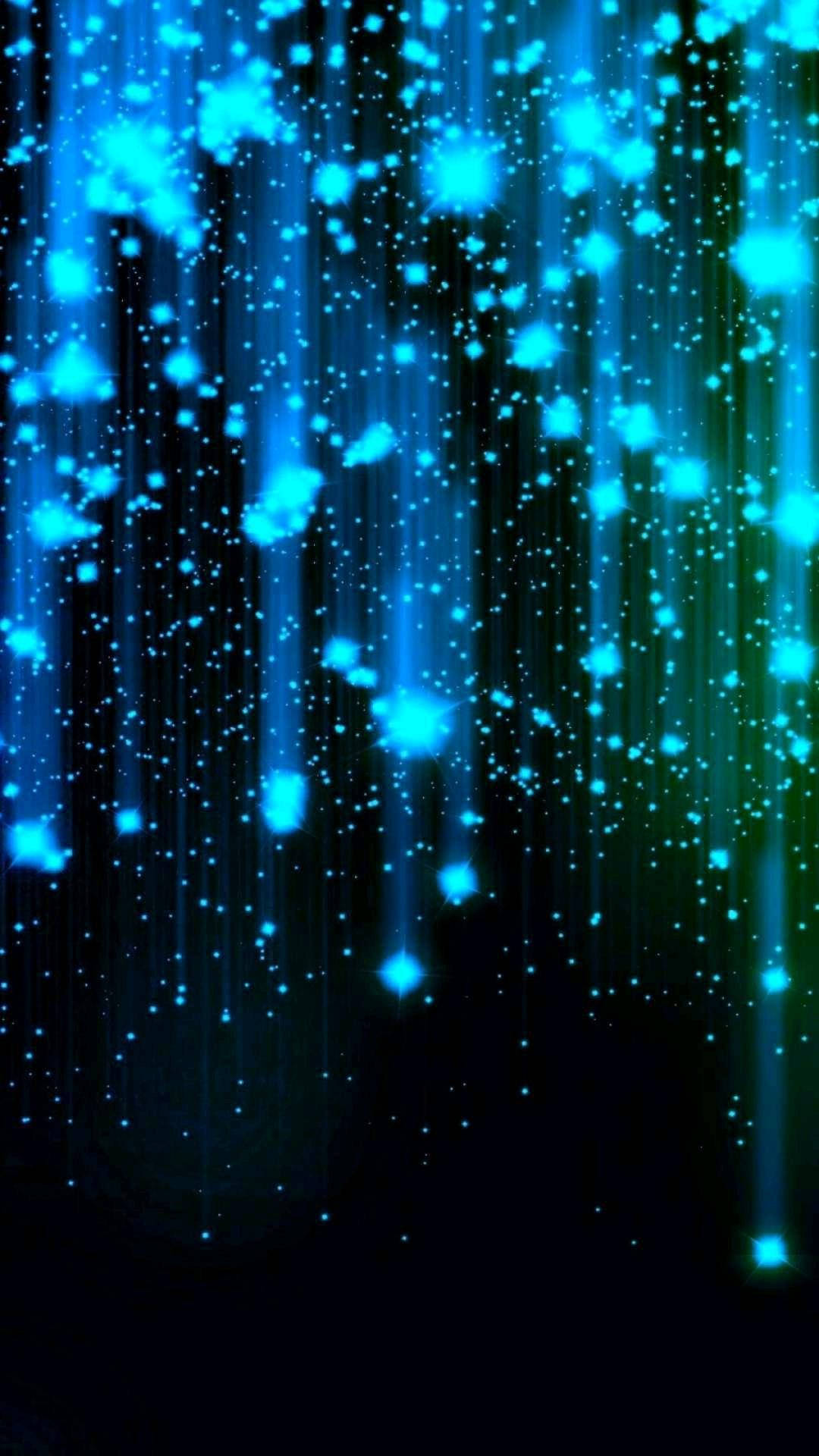 AMOLED 桌布 壁紙 — 鮮豔的藍色發光粒子像數位雨一樣在黑暗背景上層疊。