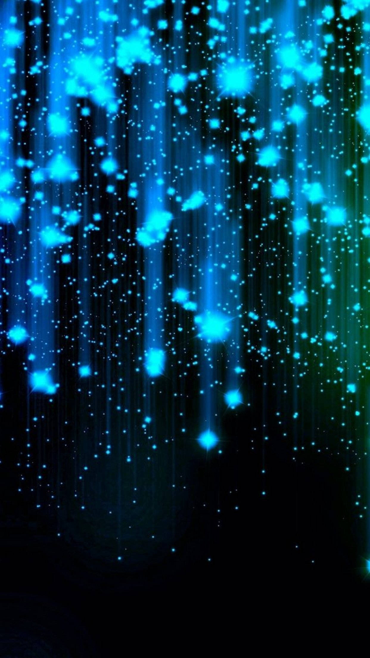 Amazing 桌布 壁紙 — 鮮豔的藍色發光粒子像數位雨一樣在深黑色背景上傾瀉而下。