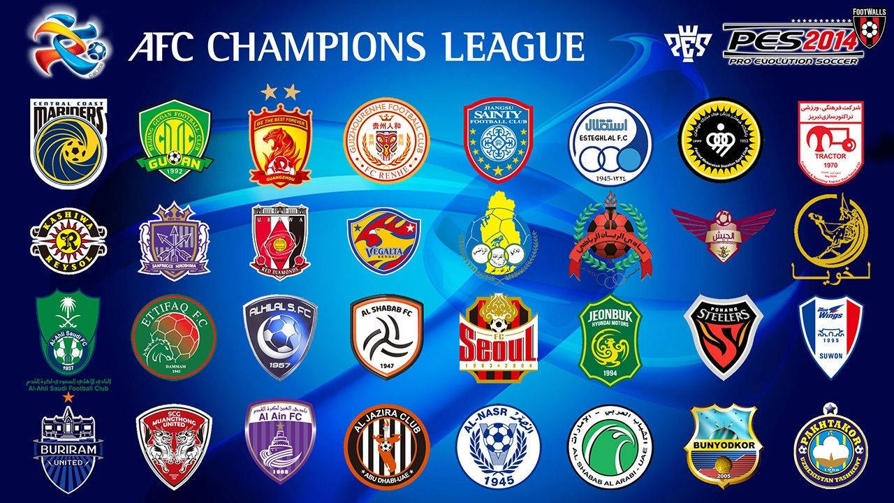 Champions League 桌布 壁紙 — 鮮豔的藍色背景上顯示眾多亞足聯冠軍聯賽足球俱樂部徽章，以網格排列在賽事標題和PES 2014標誌下方。