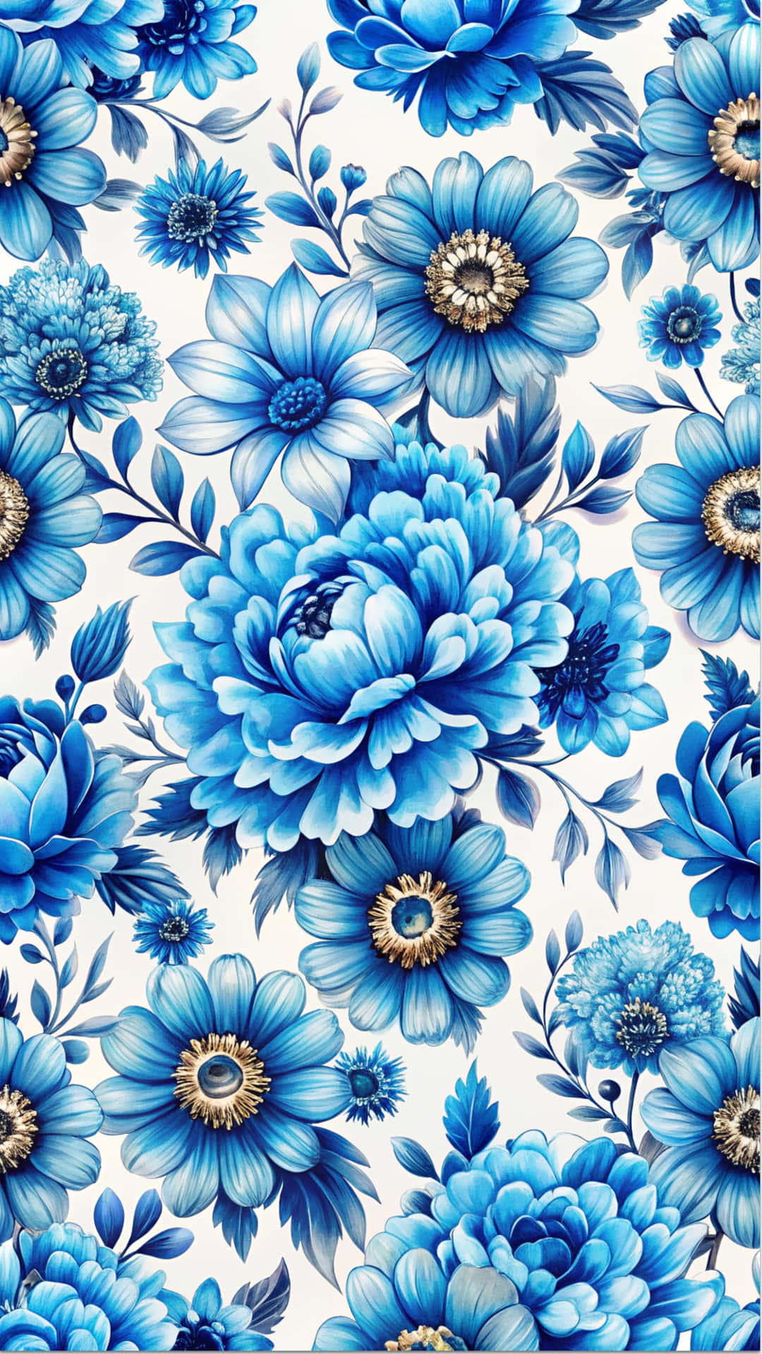 Flower pattern 壁紙 — 鮮豔的藍色花卉圖案，帶有精細的花瓣和金色花心，在潔白的背景上。