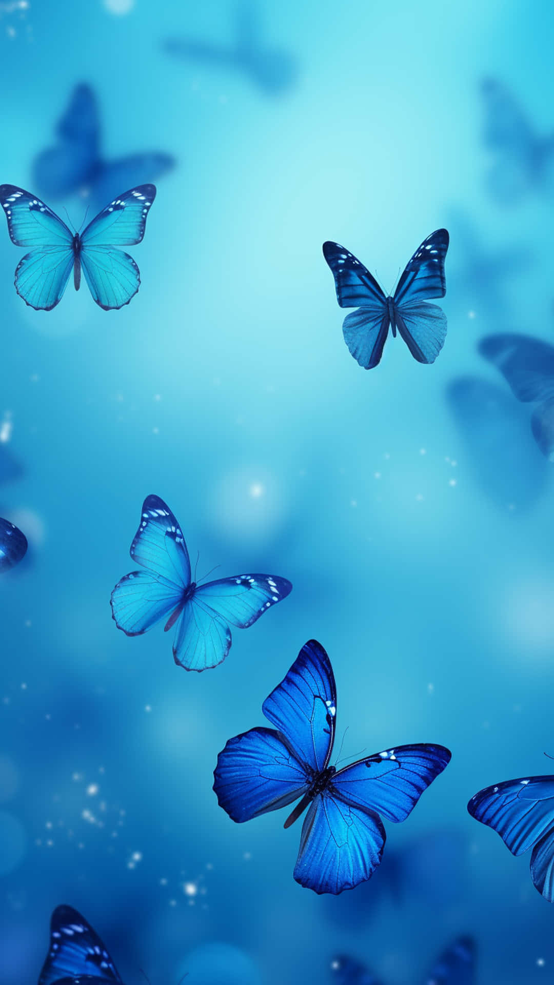 Colourful multiple butterfly and colourful background 壁紙 — 鮮豔的藍色蝴蝶在柔和的漸層天空和閃爍的光粒子中優雅地飛舞。