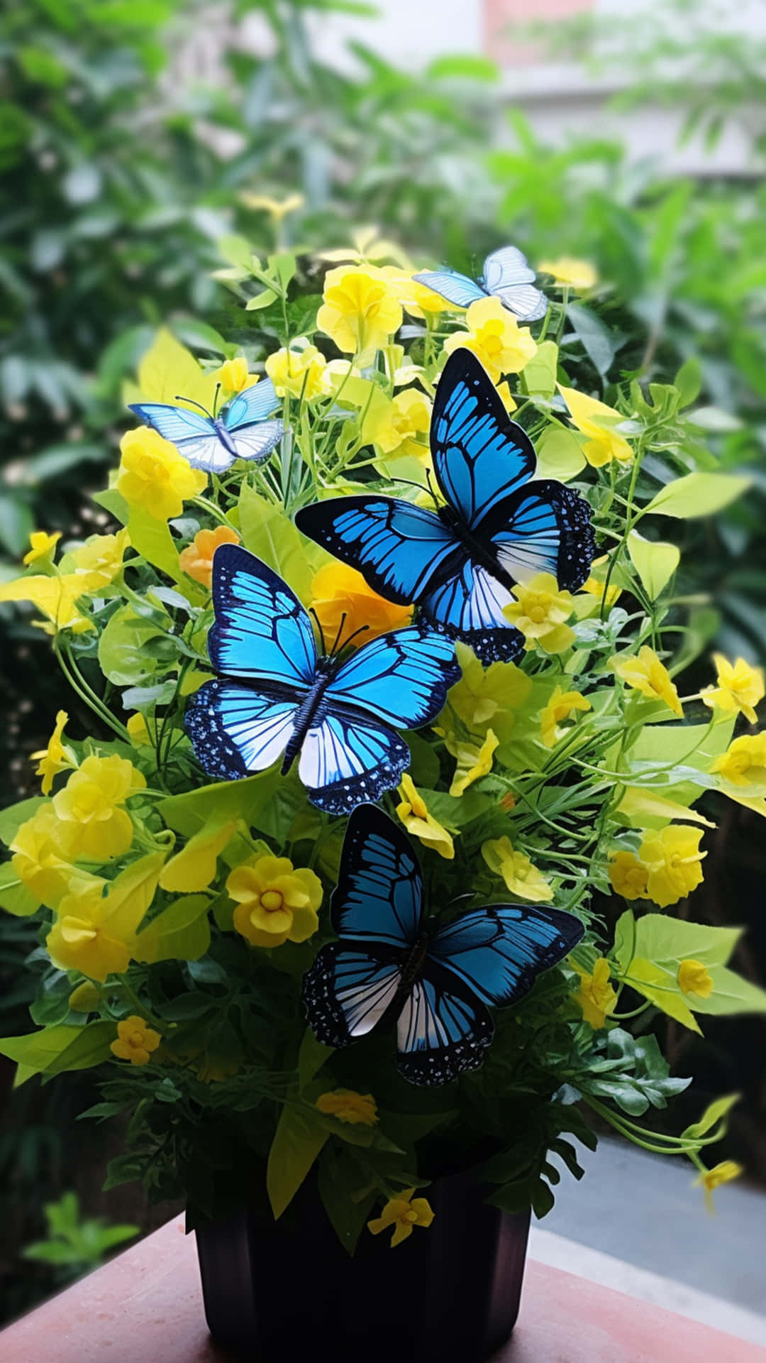 butterfly and flowers nosegay 壁紙 — 鮮豔的藍色蝴蝶帶有黑色邊緣，棲息在深色花盆中的鮮黃色花朵和茂盛綠葉之間。