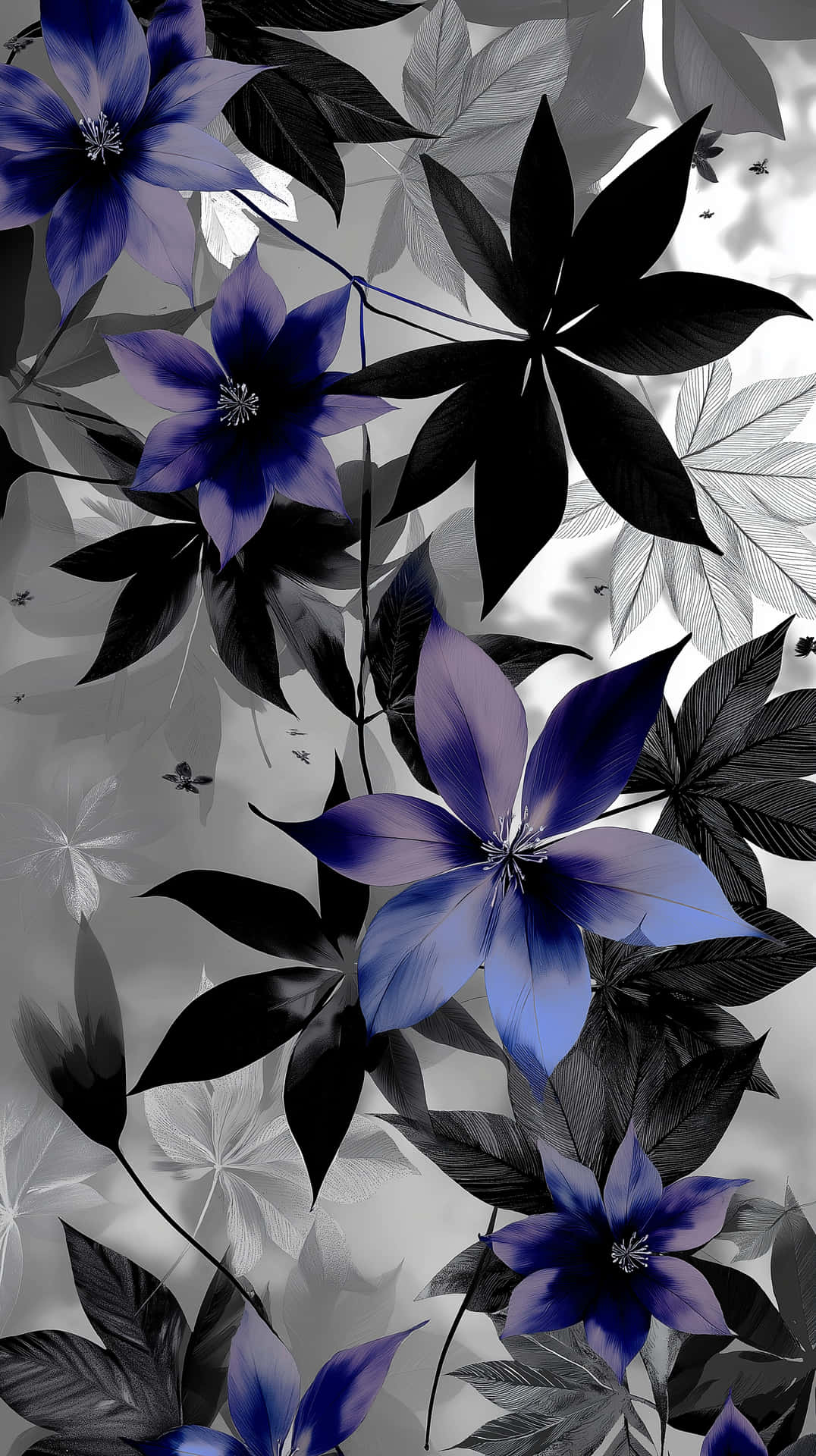 Monochromatic Blooms with Abstract Botanical Accents 壁紙 — 鮮豔的藍色鐵線蓮花朵在黑色和灰色葉片與莖幹的單色背景下盛開。