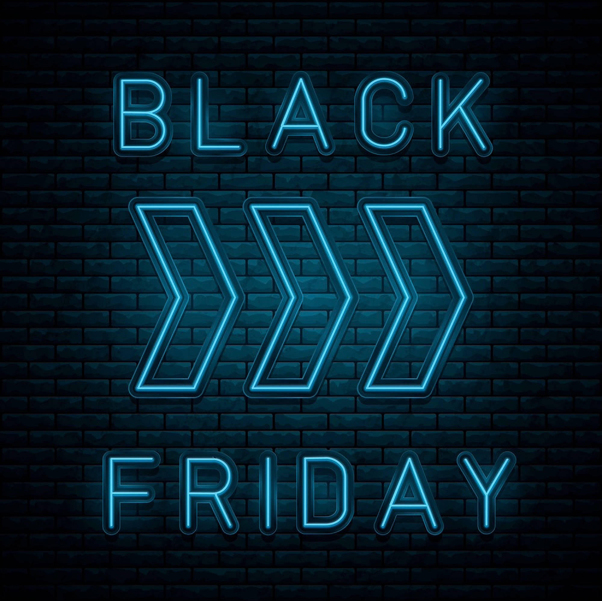 Friday 桌布 壁紙 — 鮮豔的藍色霓虹燈牌，上面寫著 BLACK FRIDAY 並帶有箭頭符號，在深色磚牆上發光。