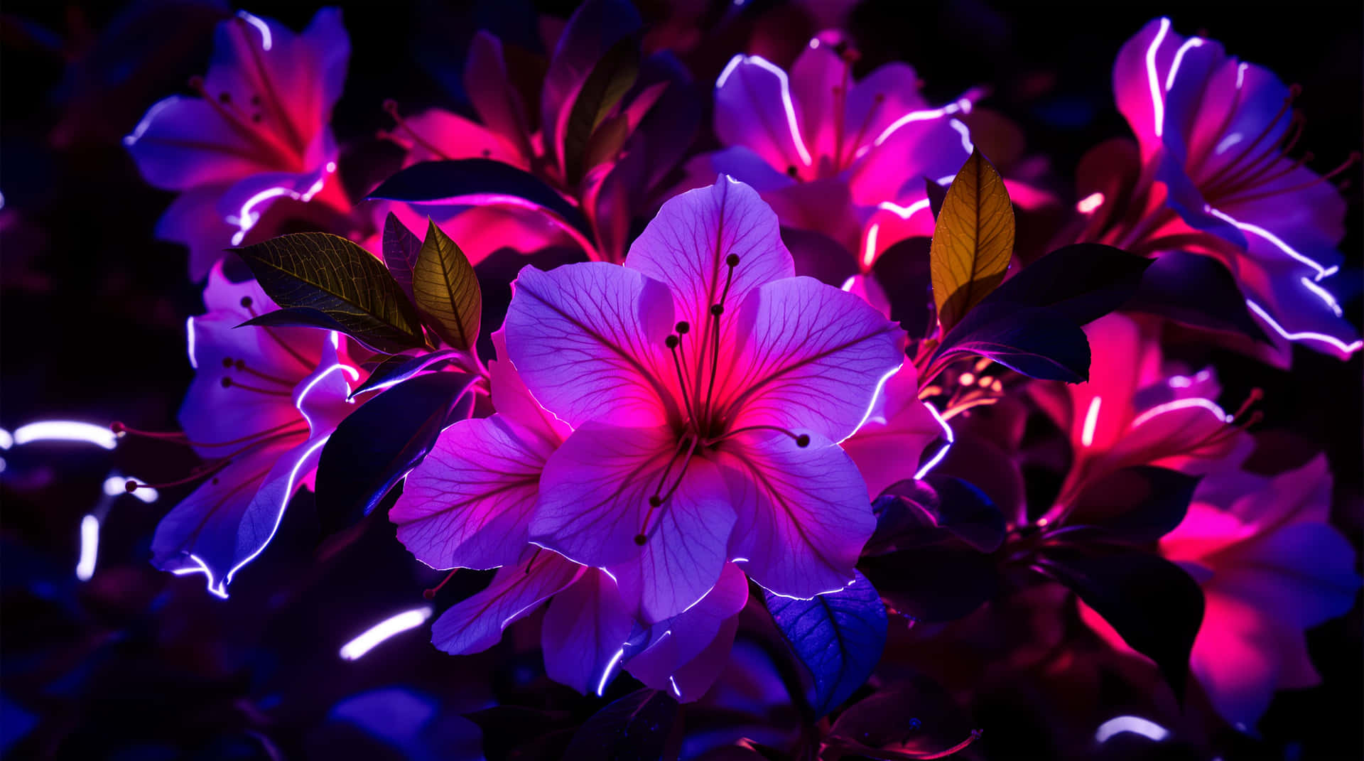 Blooming Neon Edge 壁紙 — 鮮豔的螢光粉紅和紫色花朵在黑暗背景下發出電光般的輪廓光芒。